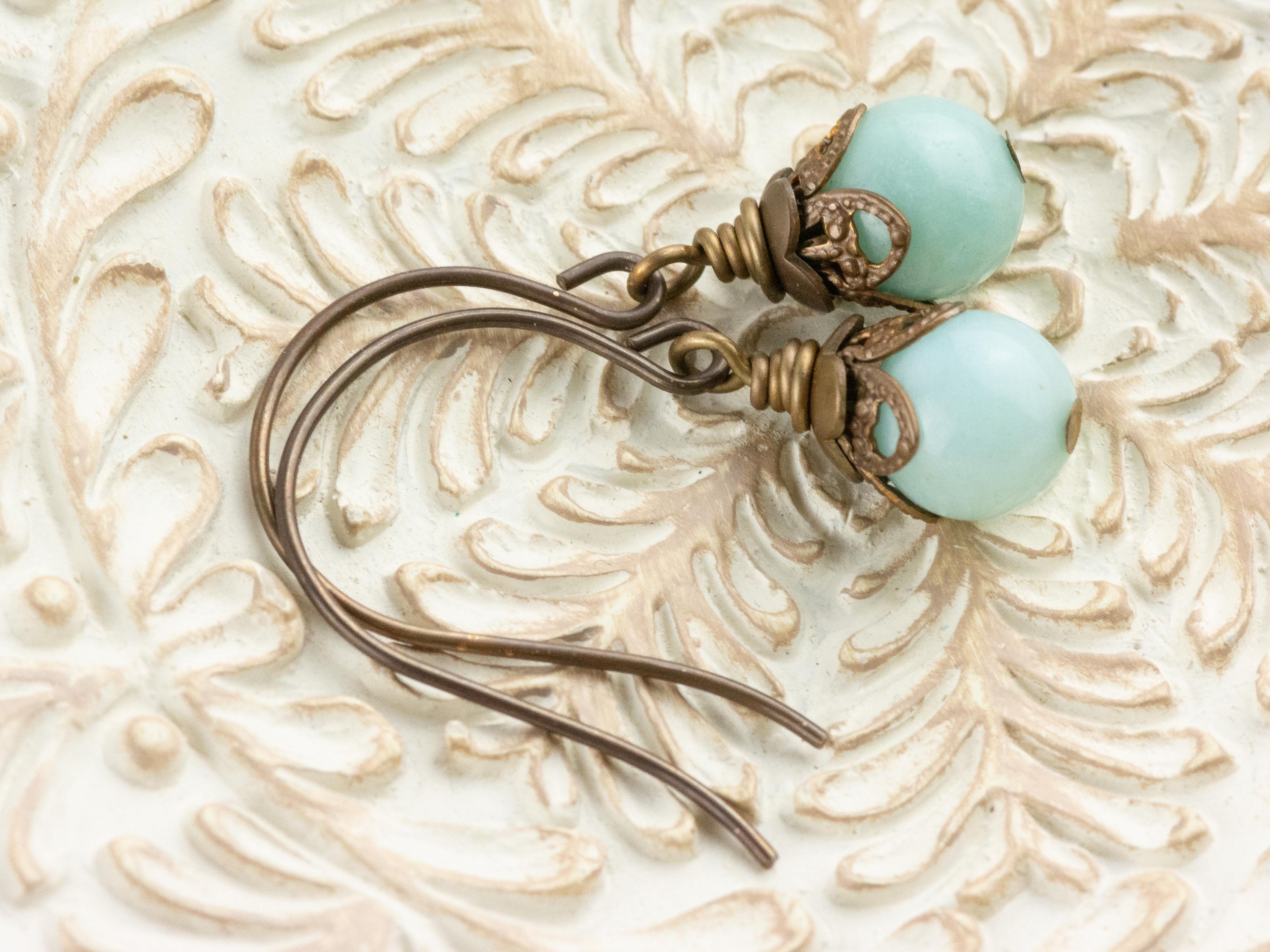 Amazonite Gemstone Brass Petal Earrings • Earthy Blue Boho Jewelry • Handmade Dangly Earrings • Jewelry Gift Idea • Nickel-free • Lead-free