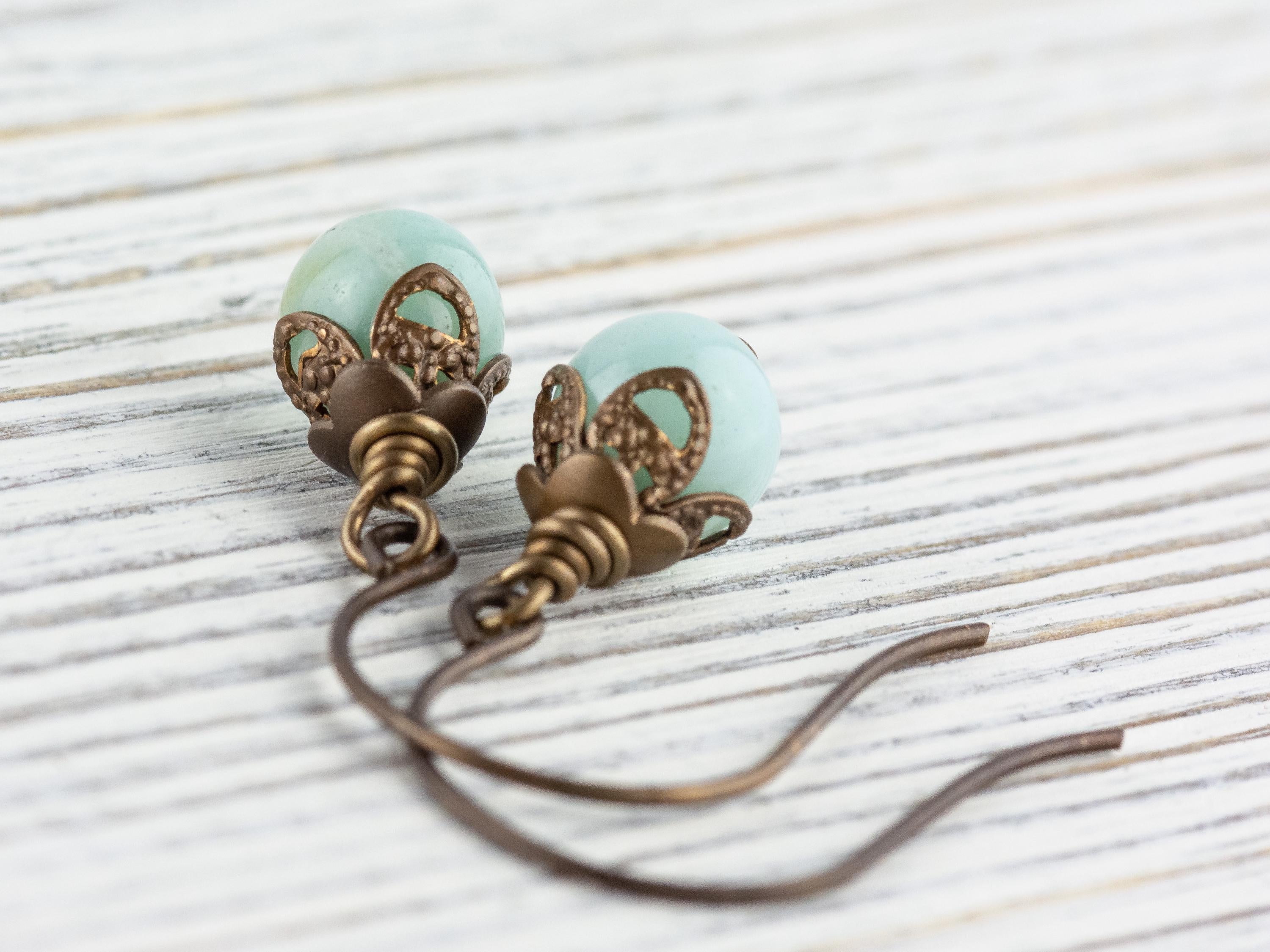 Amazonite Gemstone Brass Petal Earrings • Earthy Blue Boho Jewelry • Handmade Dangly Earrings • Jewelry Gift Idea • Nickel-free • Lead-free