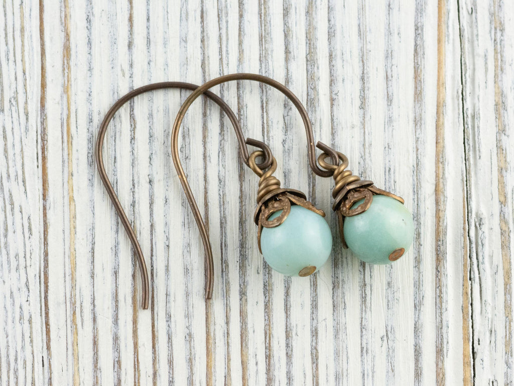 Amazonite Gemstone Brass Petal Earrings • Earthy Blue Boho Jewelry • Handmade Dangly Earrings • Jewelry Gift Idea • Nickel-free • Lead-free