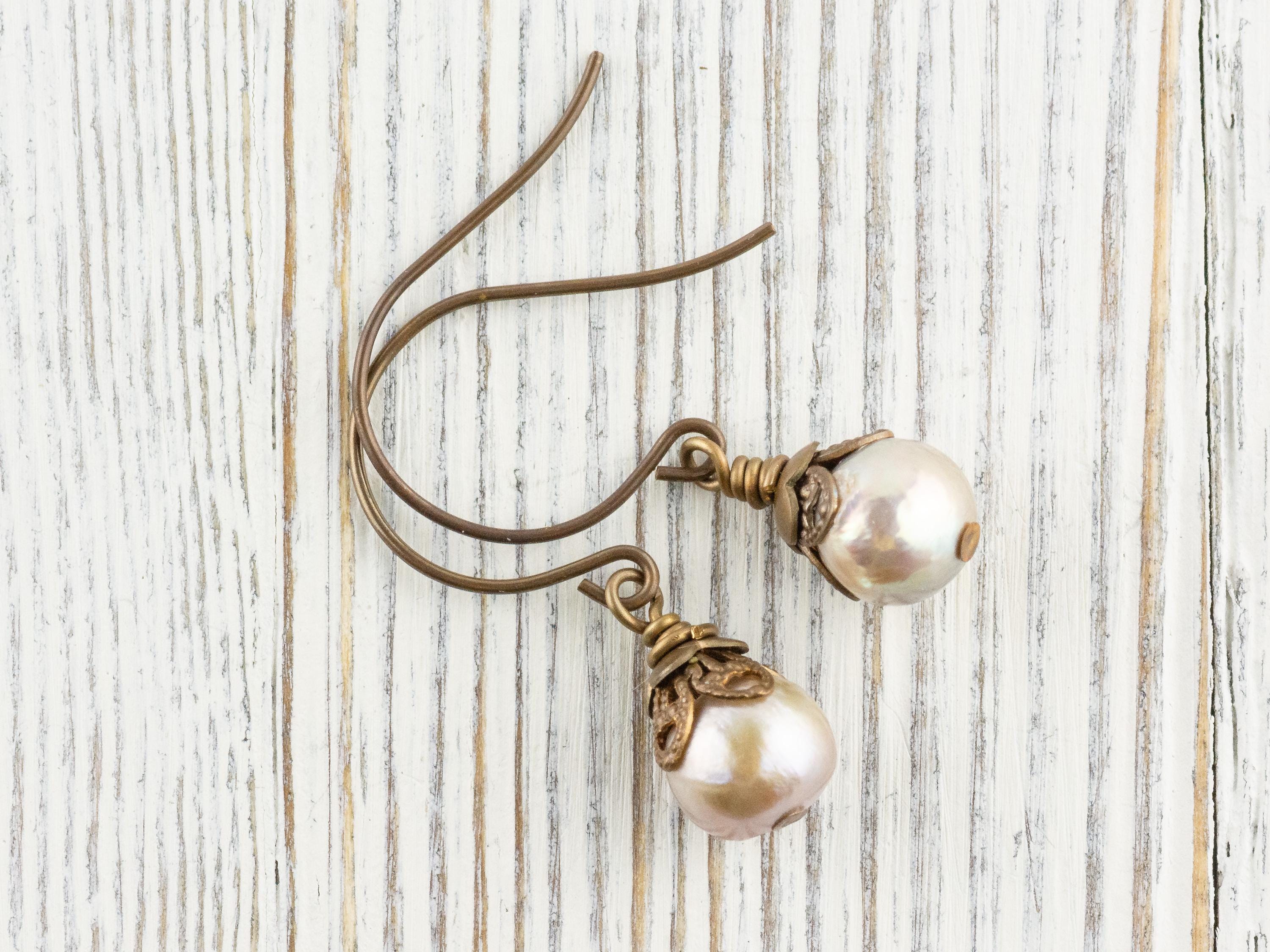 Opal Shimmer Freshwater Pearl Brass Petal Earrings • Earthy Boho Jewelry • Handmade Dangly Earrings • Jewelry Gift • Nickel-free • Lead-free