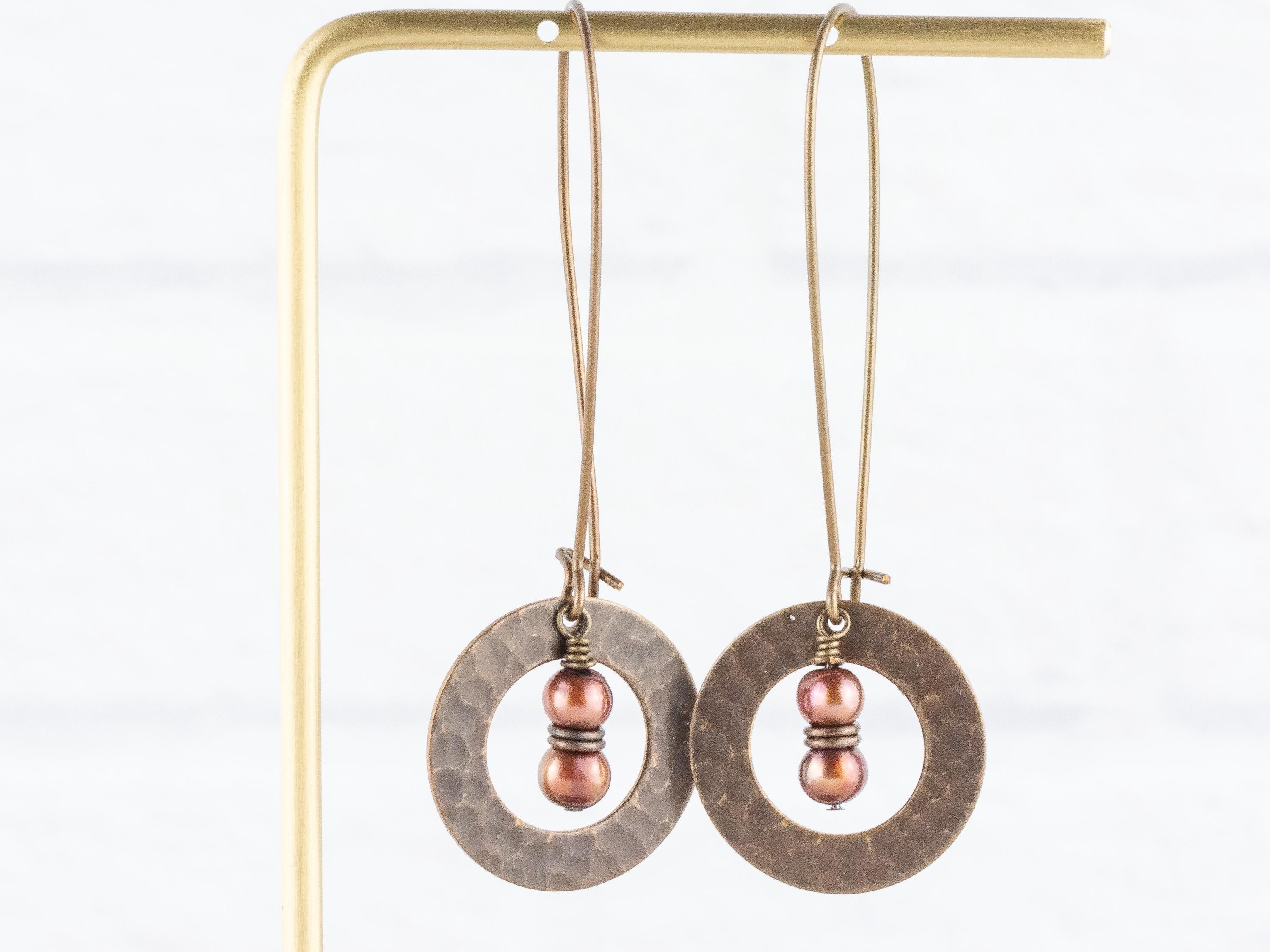 Copper Freshwater Pearl Brass Hammered Ring Earrings • Handmade Long Boho Dangly Earrings • Jewelry Gift Ideas • Nickel-free • Lead-free
