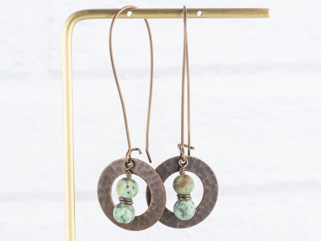 African Turquoise Jasper Brass Hammered Ring Earrings • Handmade Long Boho Dangly Earrings • Jewelry Gift Ideas • Nickel-free • Lead-free