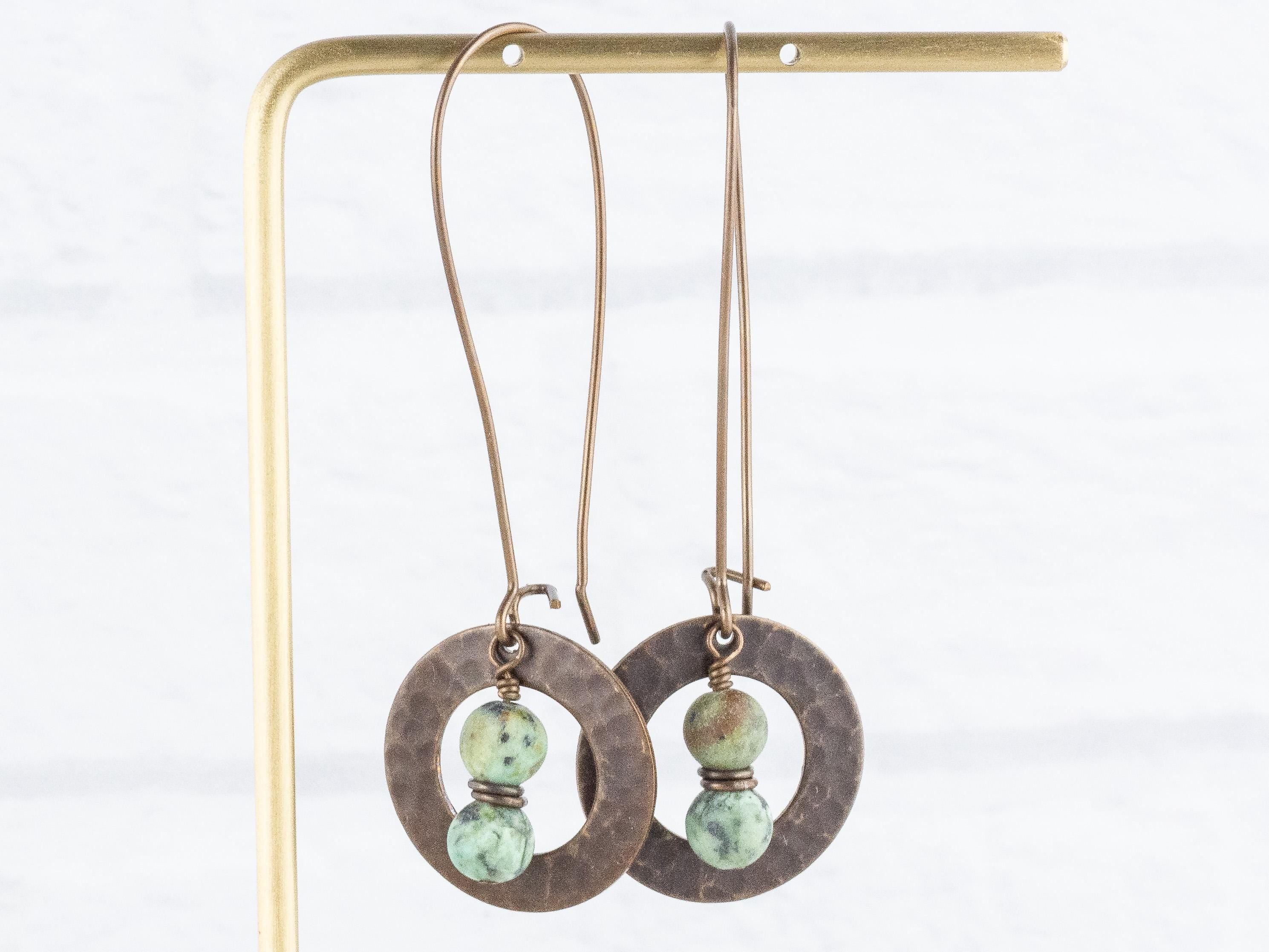 African Turquoise Jasper Brass Hammered Ring Earrings • Handmade Long Boho Dangly Earrings • Jewelry Gift Ideas • Nickel-free • Lead-free