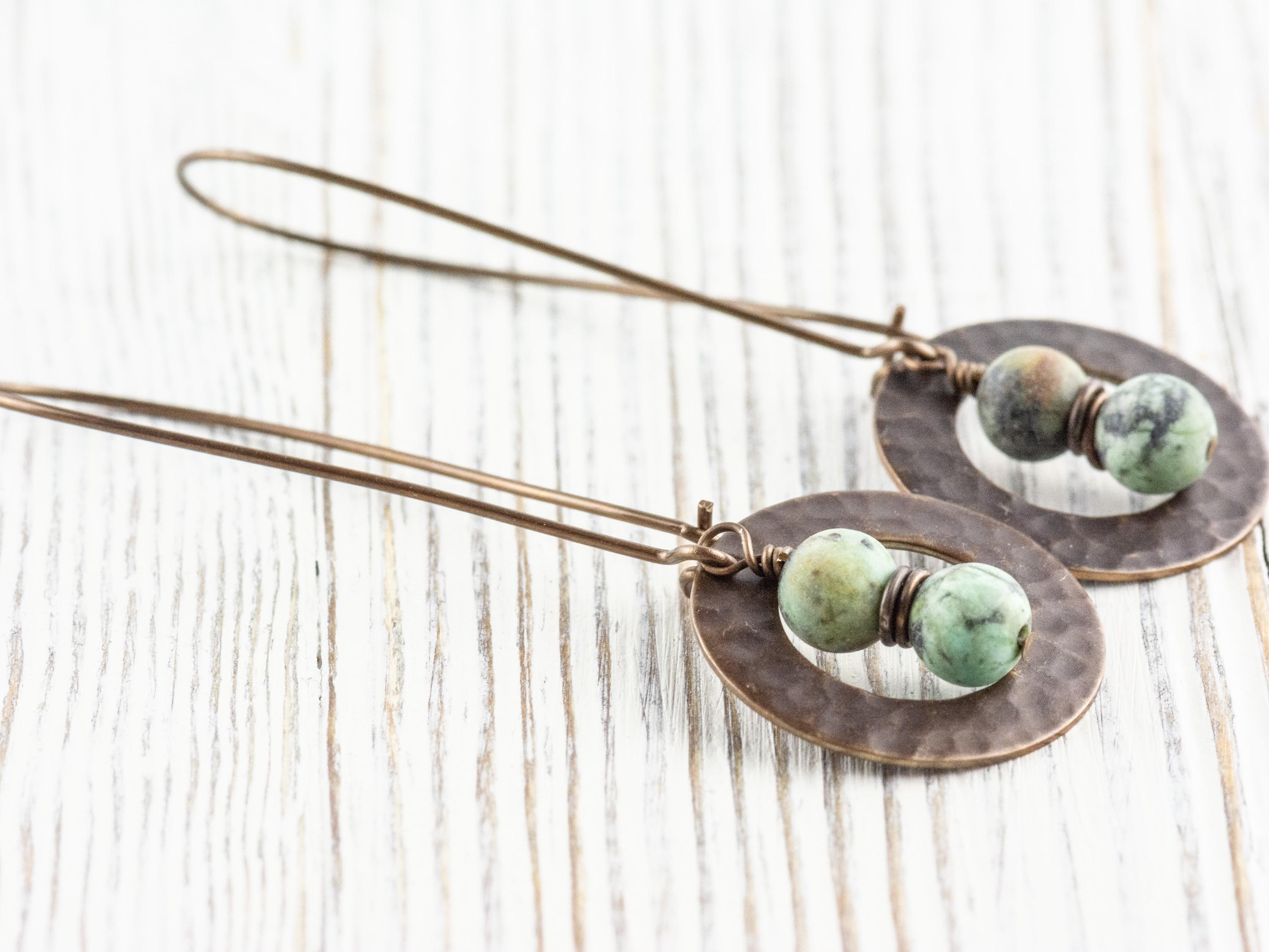 African Turquoise Jasper Brass Hammered Ring Earrings • Handmade Long Boho Dangly Earrings • Jewelry Gift Ideas • Nickel-free • Lead-free