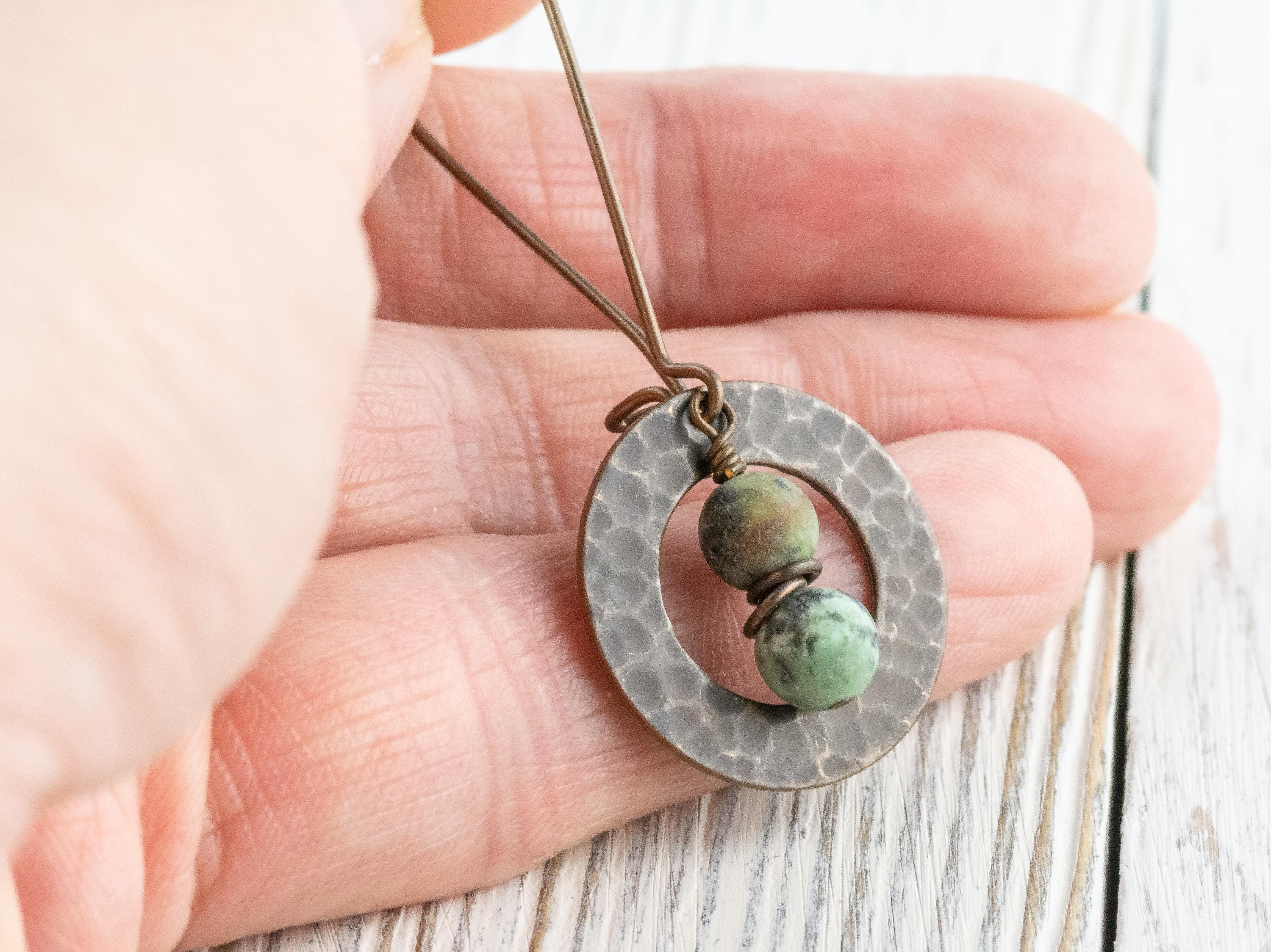 African Turquoise Jasper Brass Hammered Ring Earrings • Handmade Long Boho Dangly Earrings • Jewelry Gift Ideas • Nickel-free • Lead-free