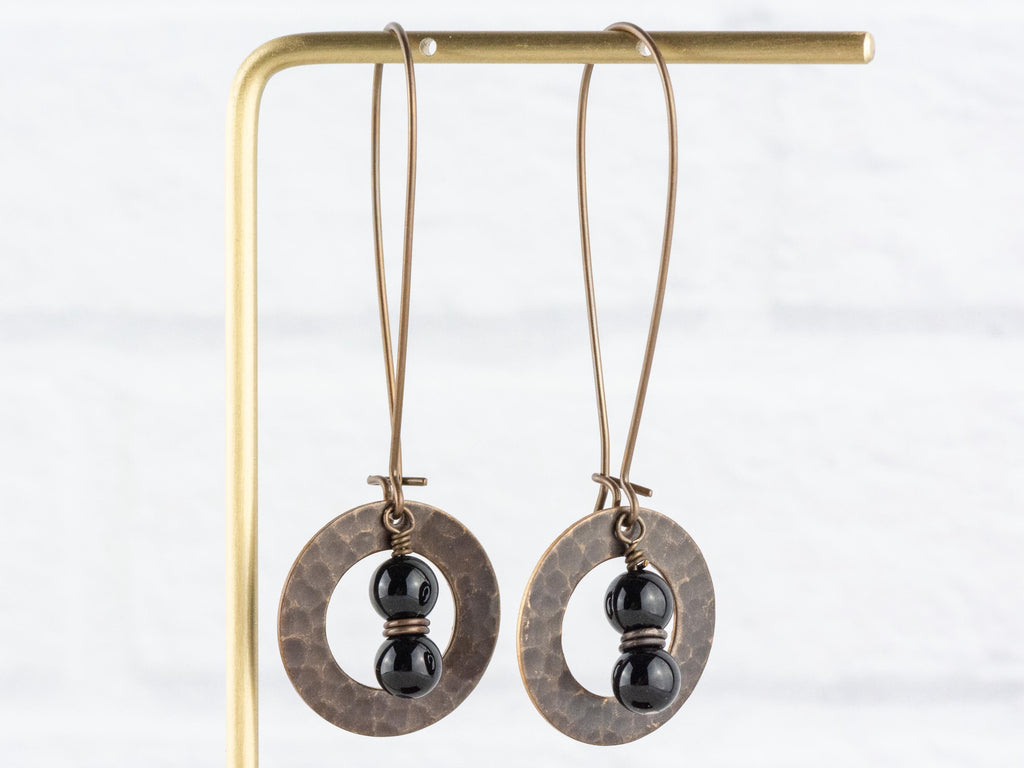 Black Onyx Gemstone Brass Hammered Ring Earrings • Handmade Long Boho Dangly Earrings • Jewelry Gift Ideas • Nickel-free • Lead-free