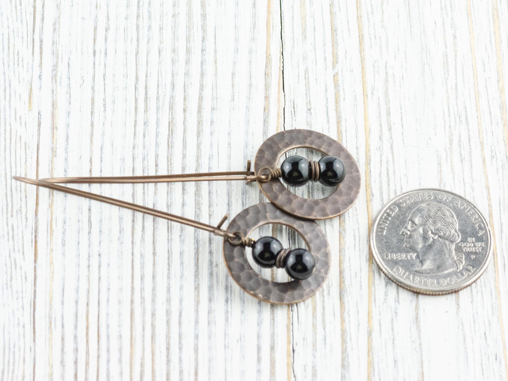 Black Onyx Gemstone Brass Hammered Ring Earrings • Handmade Long Boho Dangly Earrings • Jewelry Gift Ideas • Nickel-free • Lead-free