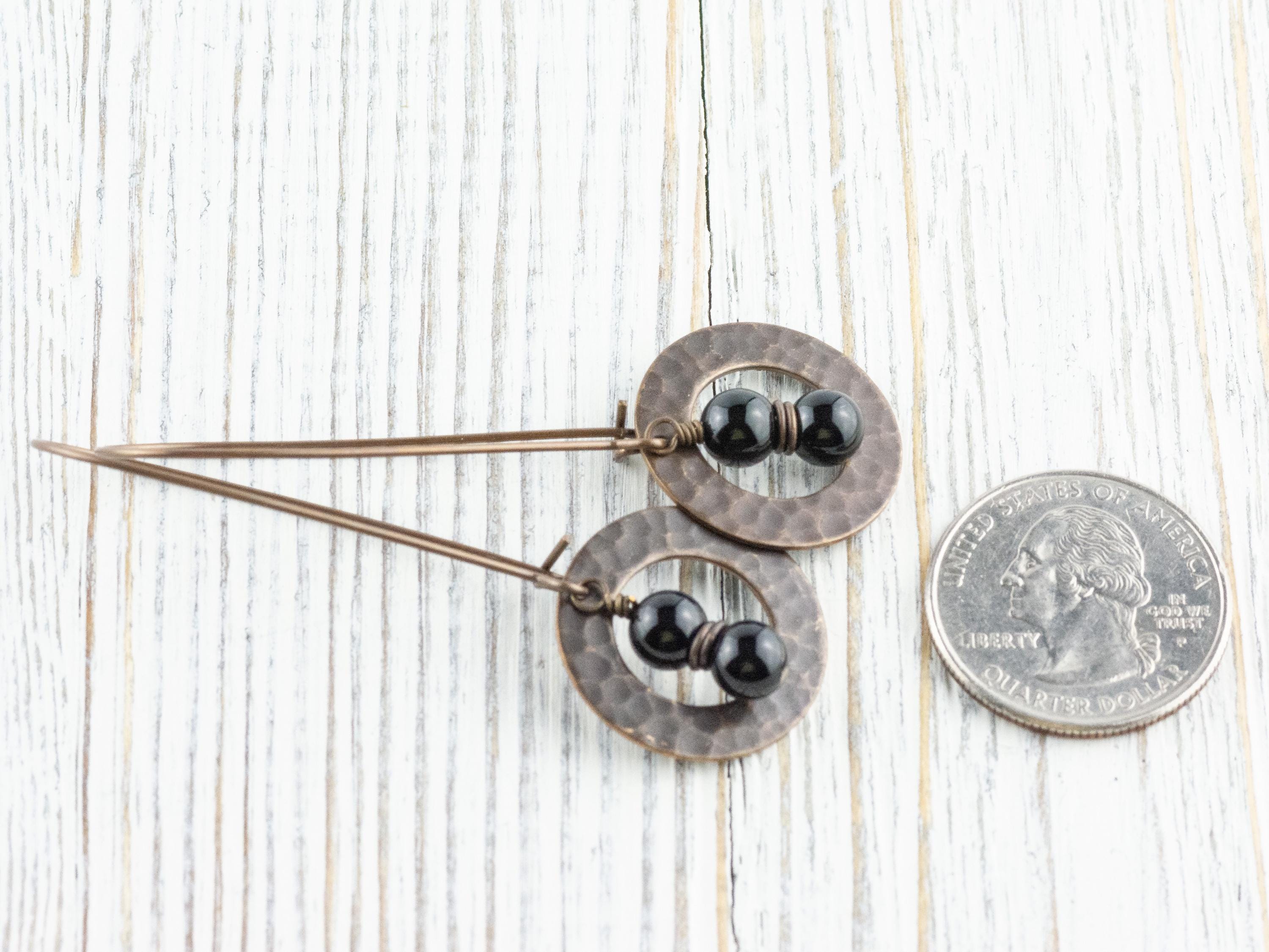 Black Onyx Gemstone Brass Hammered Ring Earrings • Handmade Long Boho Dangly Earrings • Jewelry Gift Ideas • Nickel-free • Lead-free
