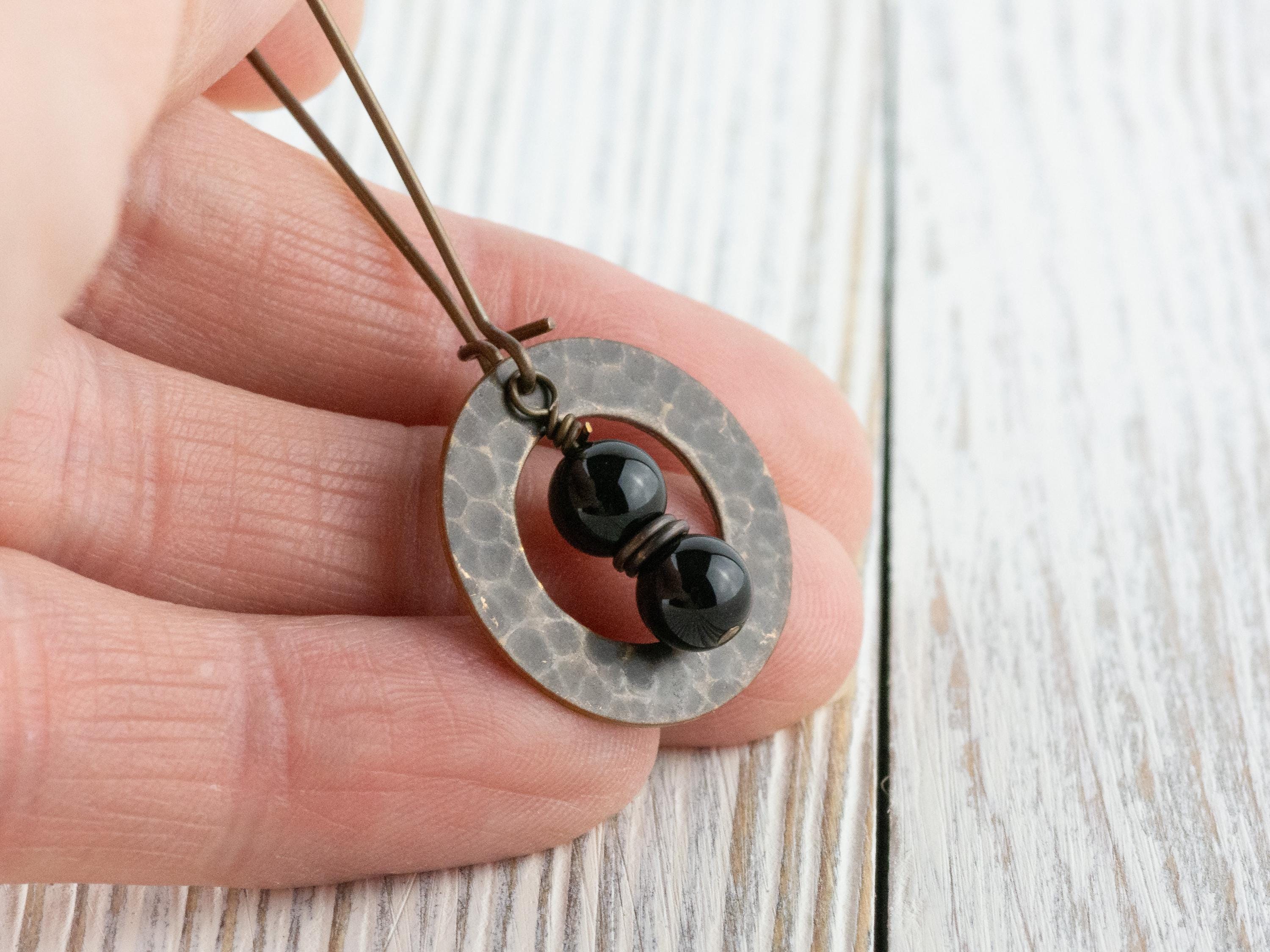 Black Onyx Gemstone Brass Hammered Ring Earrings • Handmade Long Boho Dangly Earrings • Jewelry Gift Ideas • Nickel-free • Lead-free