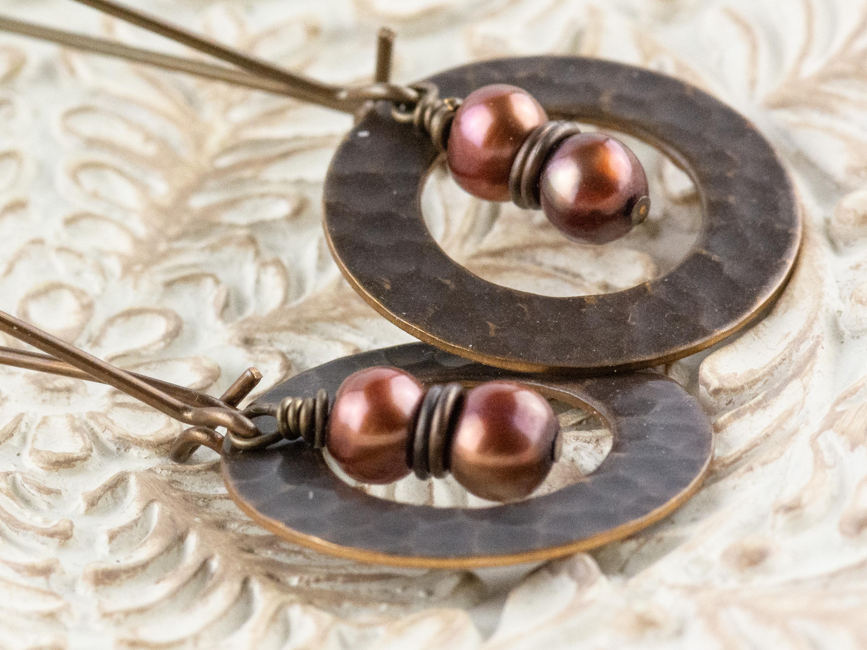 Copper Freshwater Pearl Brass Hammered Ring Earrings • Handmade Long Boho Dangly Earrings • Jewelry Gift Ideas • Nickel-free • Lead-free