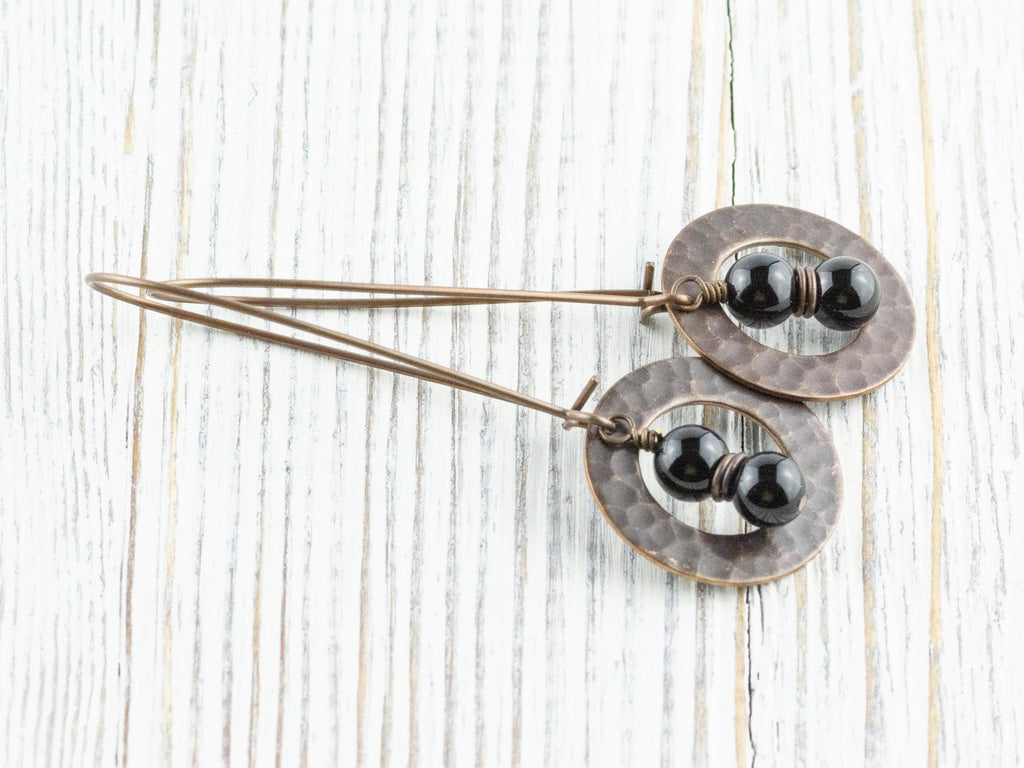 Black Onyx Gemstone Brass Hammered Ring Earrings • Handmade Long Boho Dangly Earrings • Jewelry Gift Ideas • Nickel-free • Lead-free