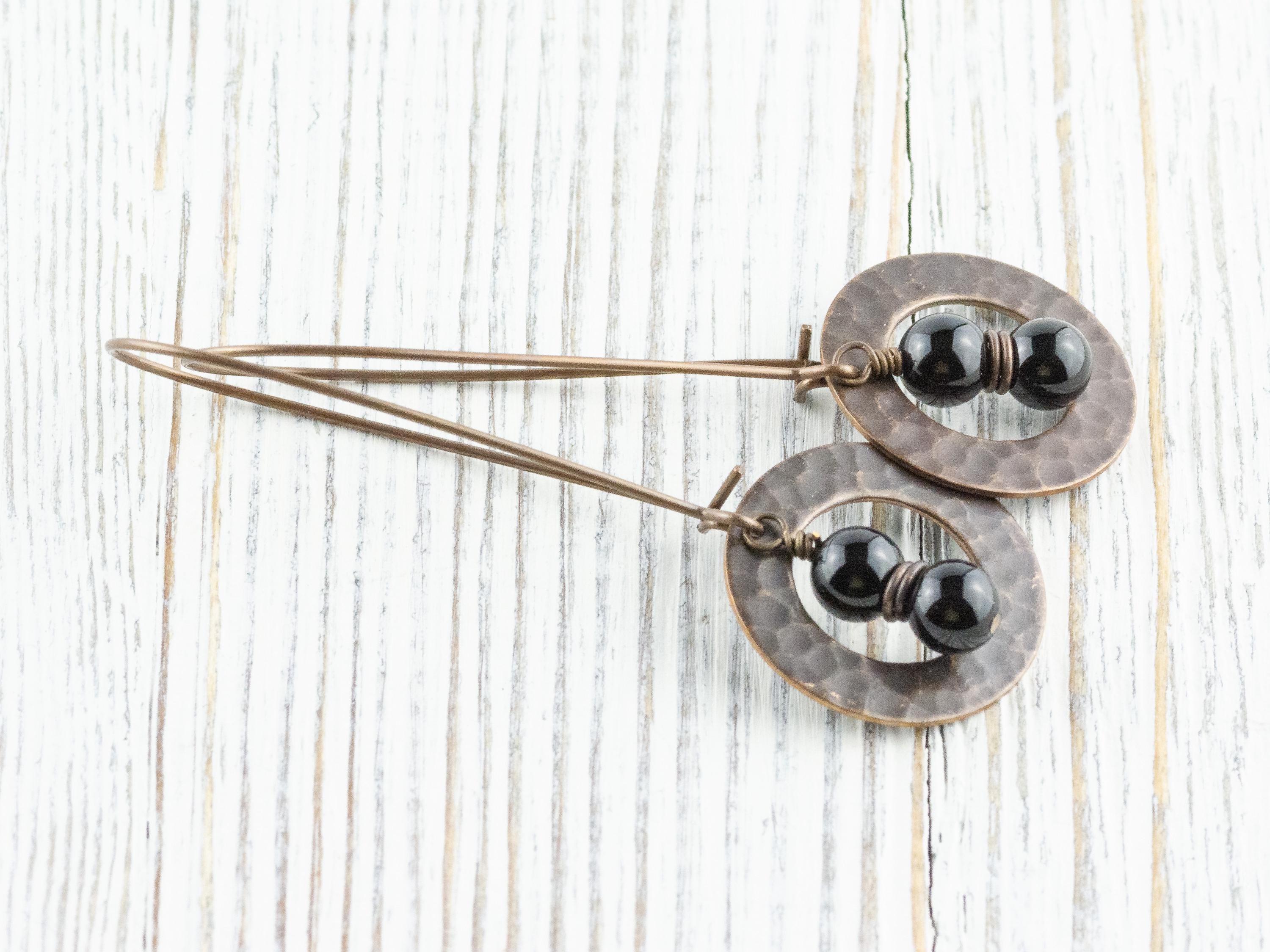 Black Onyx Gemstone Brass Hammered Ring Earrings • Handmade Long Boho Dangly Earrings • Jewelry Gift Ideas • Nickel-free • Lead-free