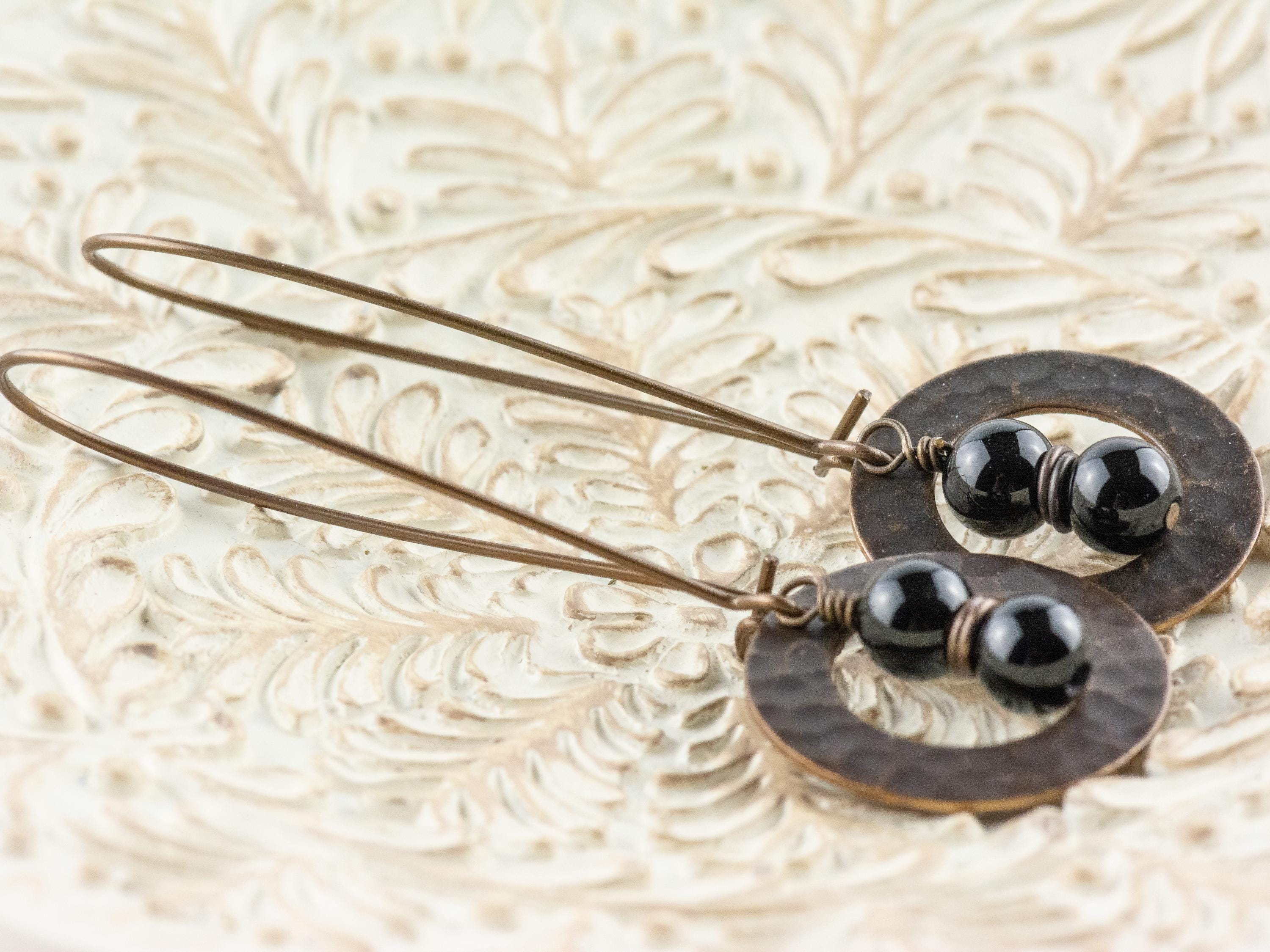 Black Onyx Gemstone Brass Hammered Ring Earrings • Handmade Long Boho Dangly Earrings • Jewelry Gift Ideas • Nickel-free • Lead-free
