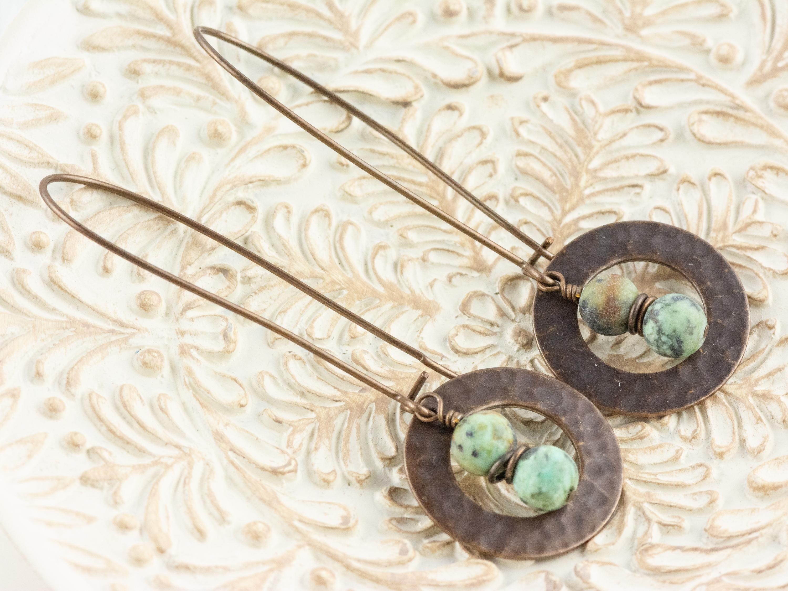 African Turquoise Jasper Brass Hammered Ring Earrings • Handmade Long Boho Dangly Earrings • Jewelry Gift Ideas • Nickel-free • Lead-free