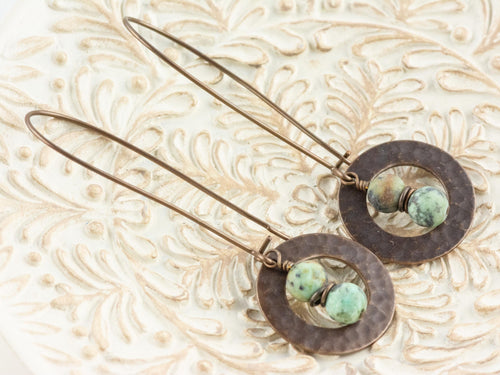 African Turquoise Jasper Brass Hammered Ring Earrings • Handmade Long Boho Dangly Earrings • Jewelry Gift Ideas • Nickel-free • Lead-free