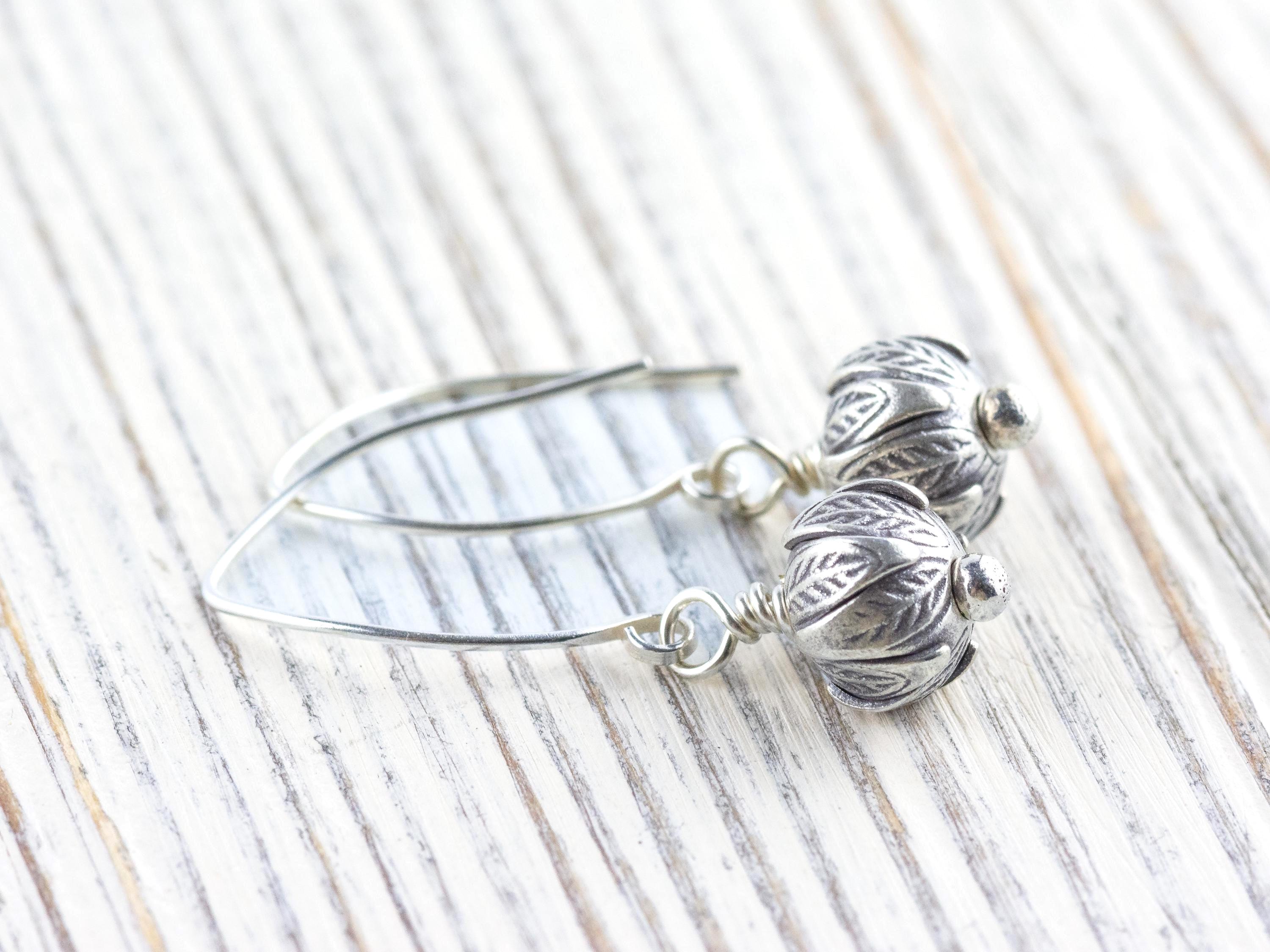 Flower Bud .925 Sterling Silver Charm Earrings • Boho Minimalist Jewelry • Hypoallergenic Hill Tribe Fine Silver Ear Wires • Cute Earrings