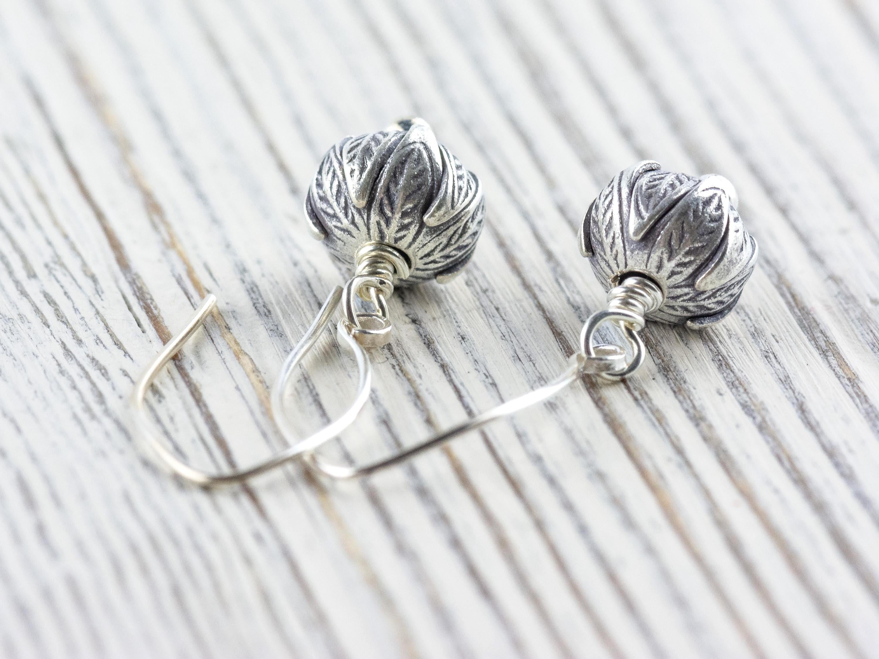 Flower Bud .925 Sterling Silver Charm Earrings • Boho Minimalist Jewelry • Hypoallergenic Hill Tribe Fine Silver Ear Wires • Cute Earrings