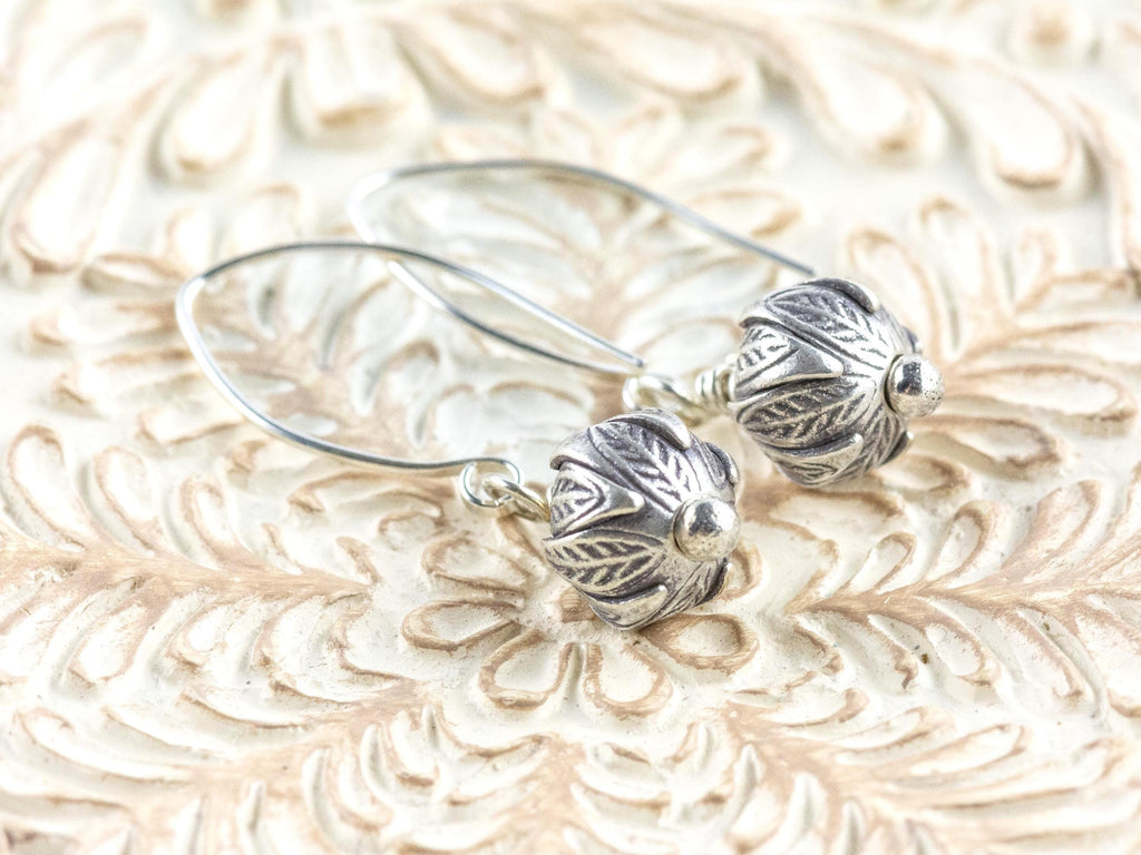 Flower Bud .925 Sterling Silver Charm Earrings • Boho Minimalist Jewelry • Hypoallergenic Hill Tribe Fine Silver Ear Wires • Cute Earrings