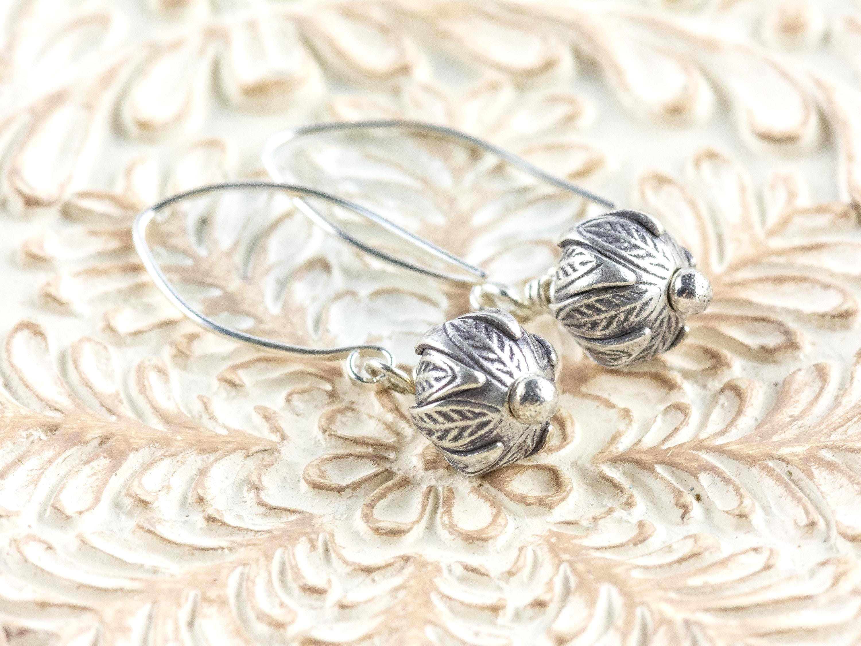 Flower Bud .925 Sterling Silver Charm Earrings • Boho Minimalist Jewelry • Hypoallergenic Hill Tribe Fine Silver Ear Wires • Cute Earrings