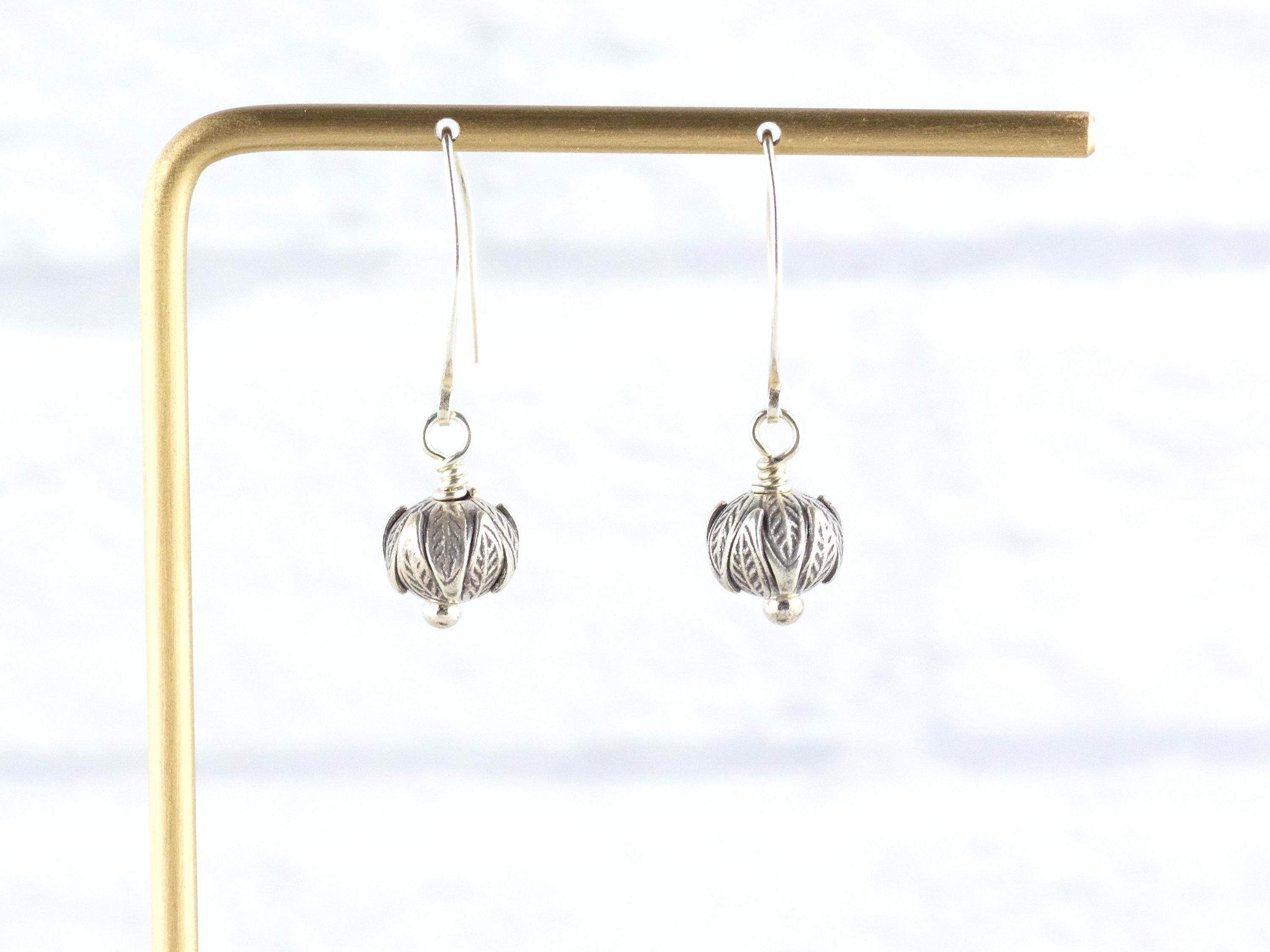 Flower Bud .925 Sterling Silver Charm Earrings • Boho Minimalist Jewelry • Hypoallergenic Hill Tribe Fine Silver Ear Wires • Cute Earrings