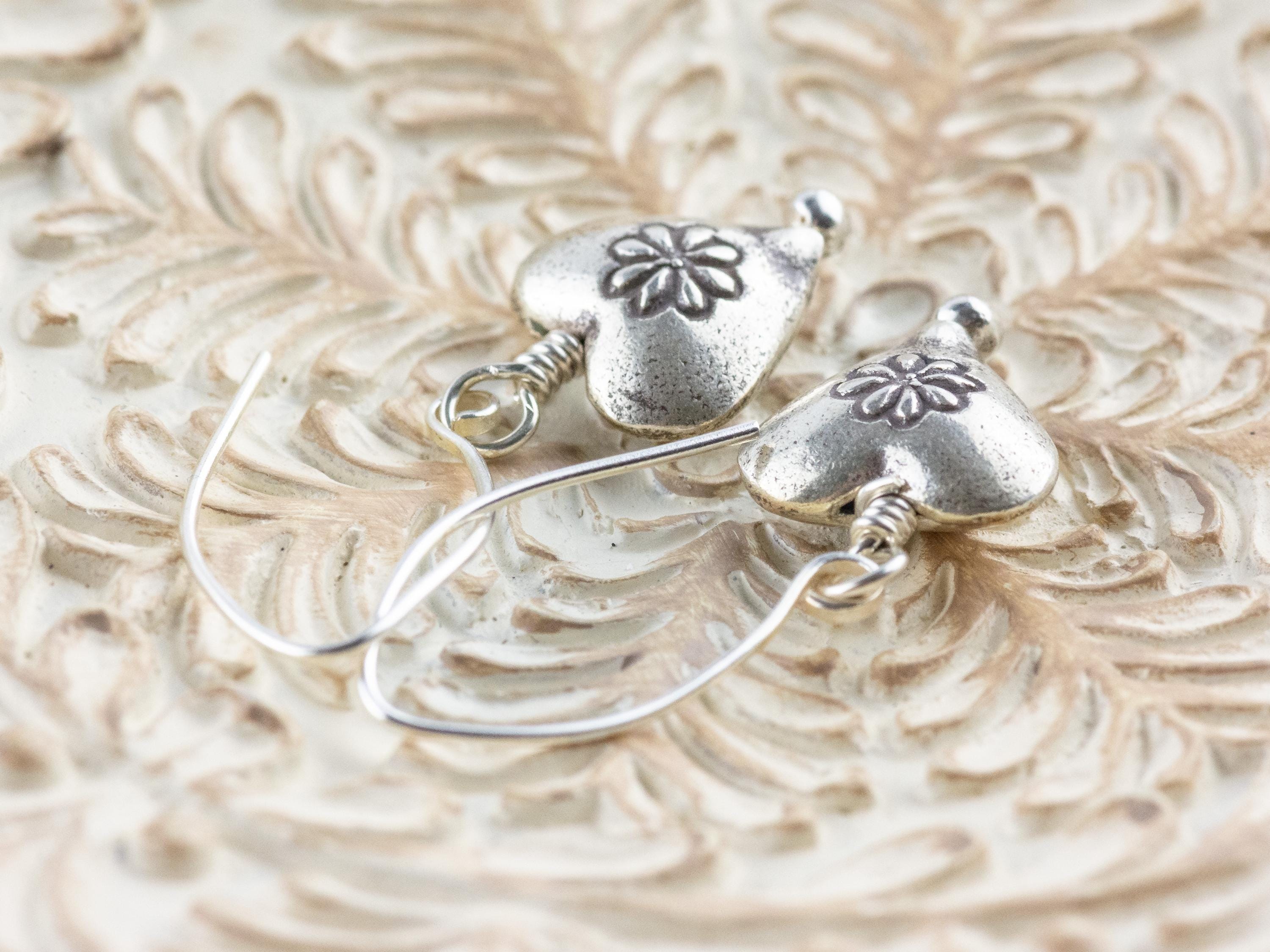 Heart-Shaped Silver Charm Earrings • Boho Minimalist Jewelry • Hypoallergenic Hill Tribe Fine Silver Ear Wires • Cute Earrings