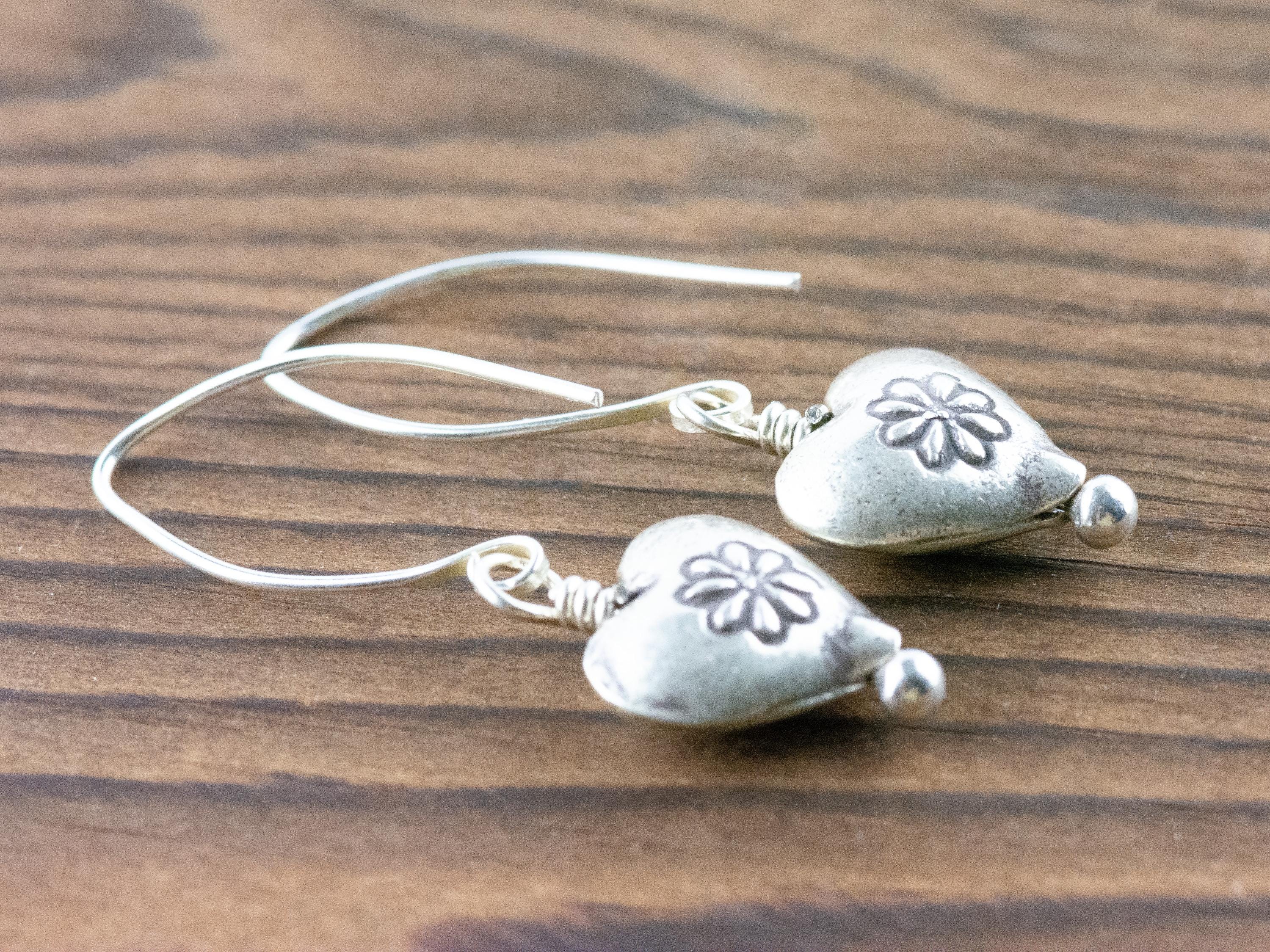 Heart-Shaped Silver Charm Earrings • Boho Minimalist Jewelry • Hypoallergenic Hill Tribe Fine Silver Ear Wires • Cute Earrings