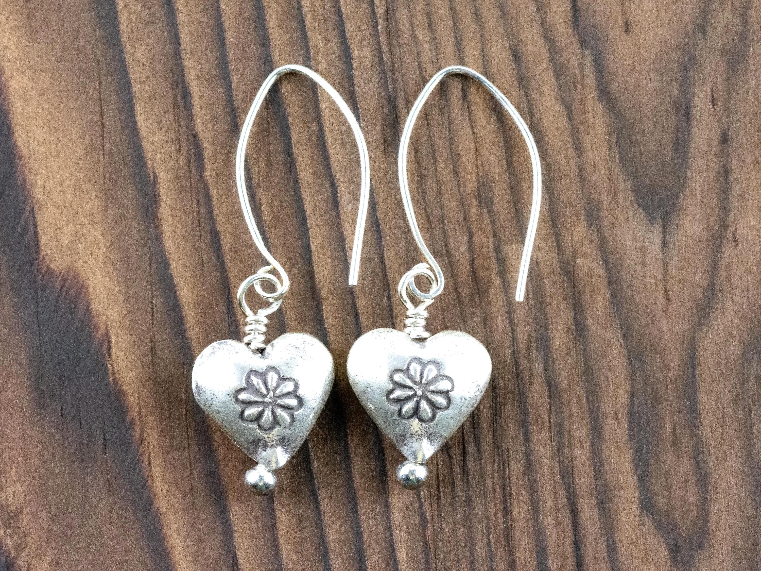 Heart-Shaped Silver Charm Earrings • Boho Minimalist Jewelry • Hypoallergenic Hill Tribe Fine Silver Ear Wires • Cute Earrings