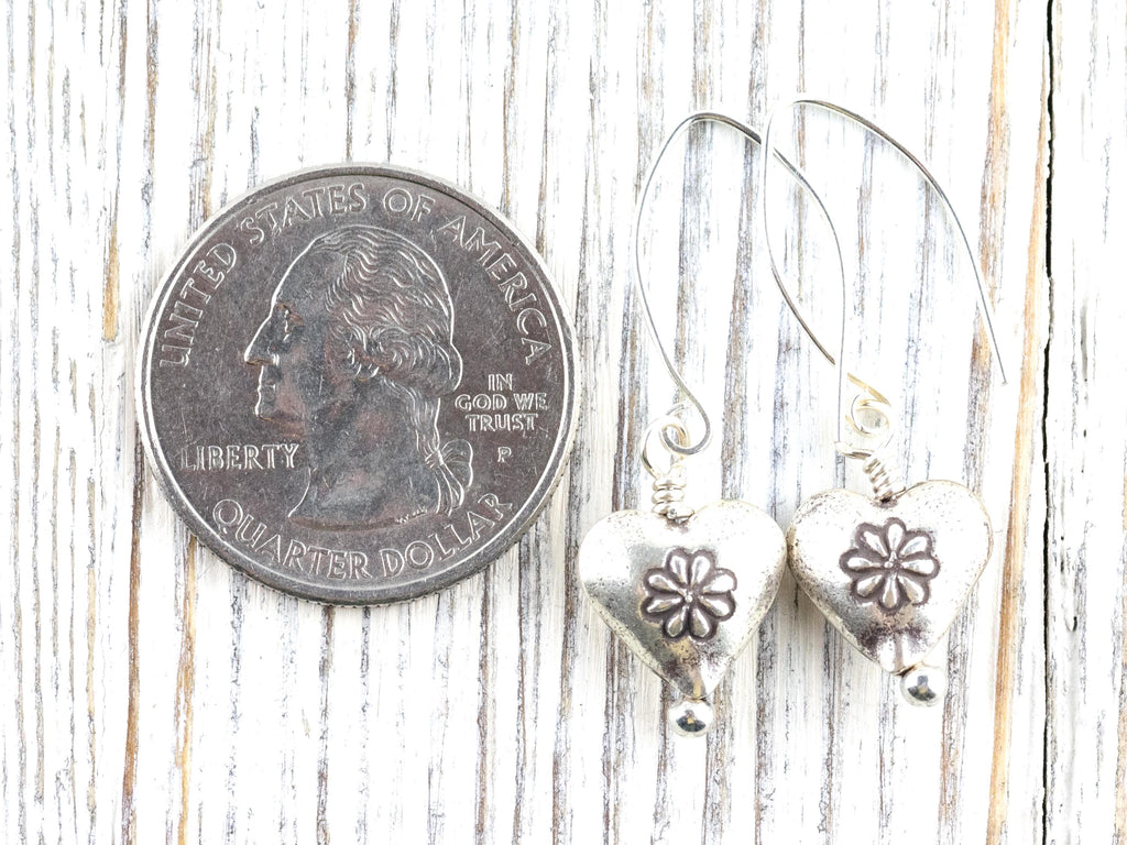 Heart-Shaped Silver Charm Earrings • Boho Minimalist Jewelry • Hypoallergenic Hill Tribe Fine Silver Ear Wires • Cute Earrings