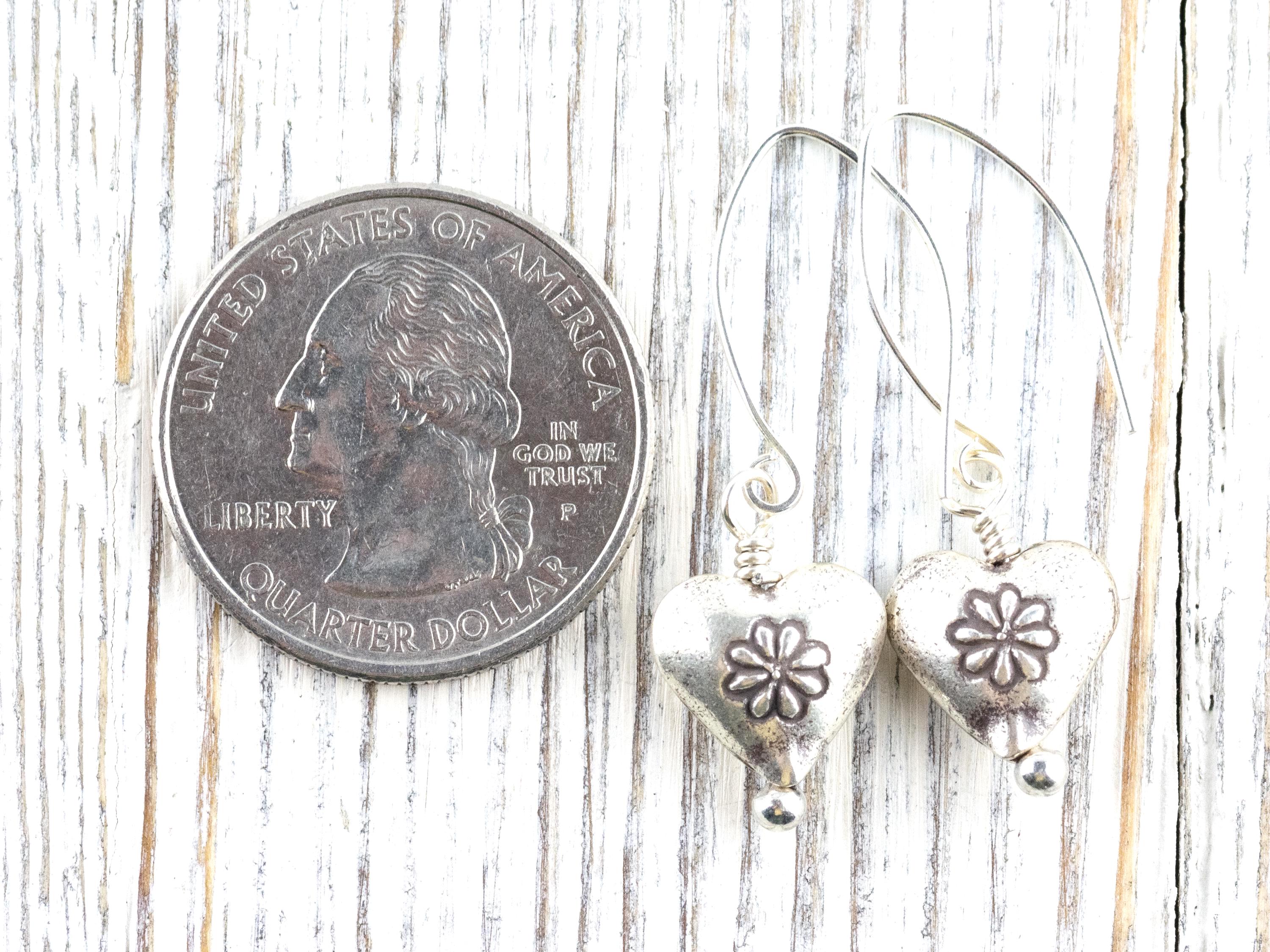 Heart-Shaped Silver Charm Earrings • Boho Minimalist Jewelry • Hypoallergenic Hill Tribe Fine Silver Ear Wires • Cute Earrings