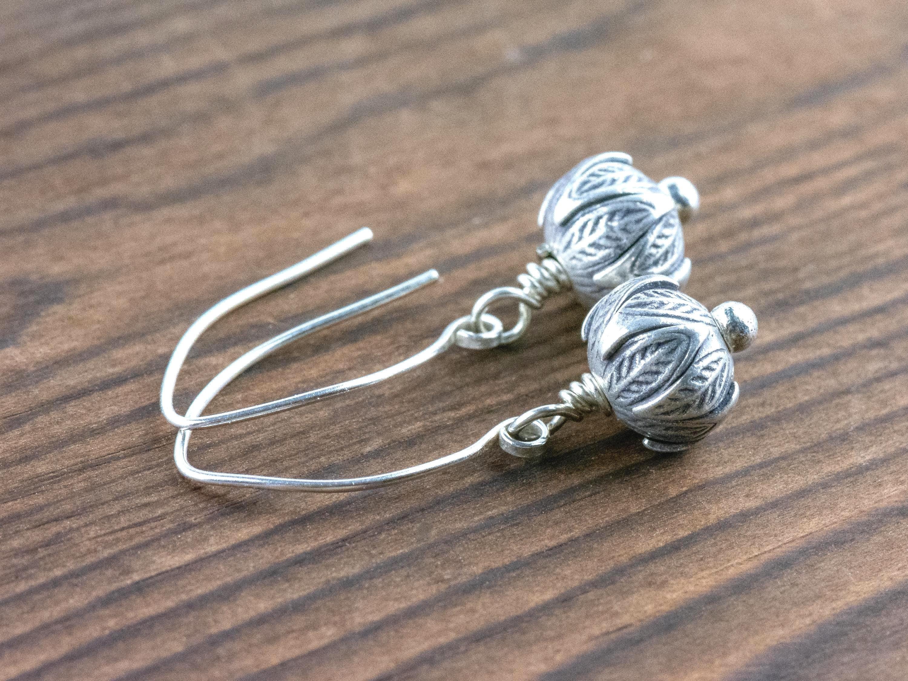 Flower Bud .925 Sterling Silver Charm Earrings • Boho Minimalist Jewelry • Hypoallergenic Hill Tribe Fine Silver Ear Wires • Cute Earrings