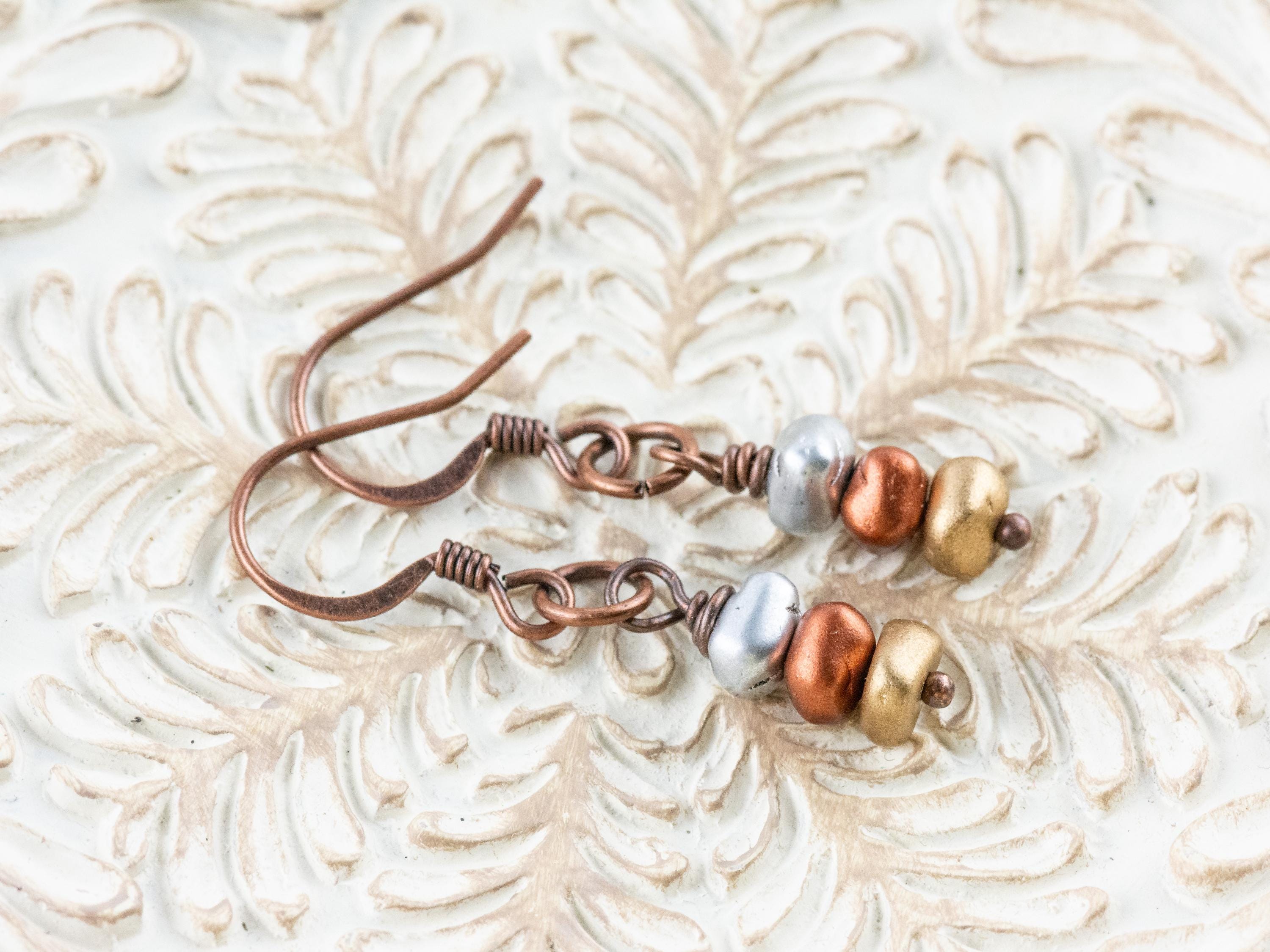 Silver, Copper and Gold Metallic Earrings • Earthy Boho Jewelry • Handmade Dangly Earrings • Jewelry Gift Idea • Mixed Metal Copper Jewelry