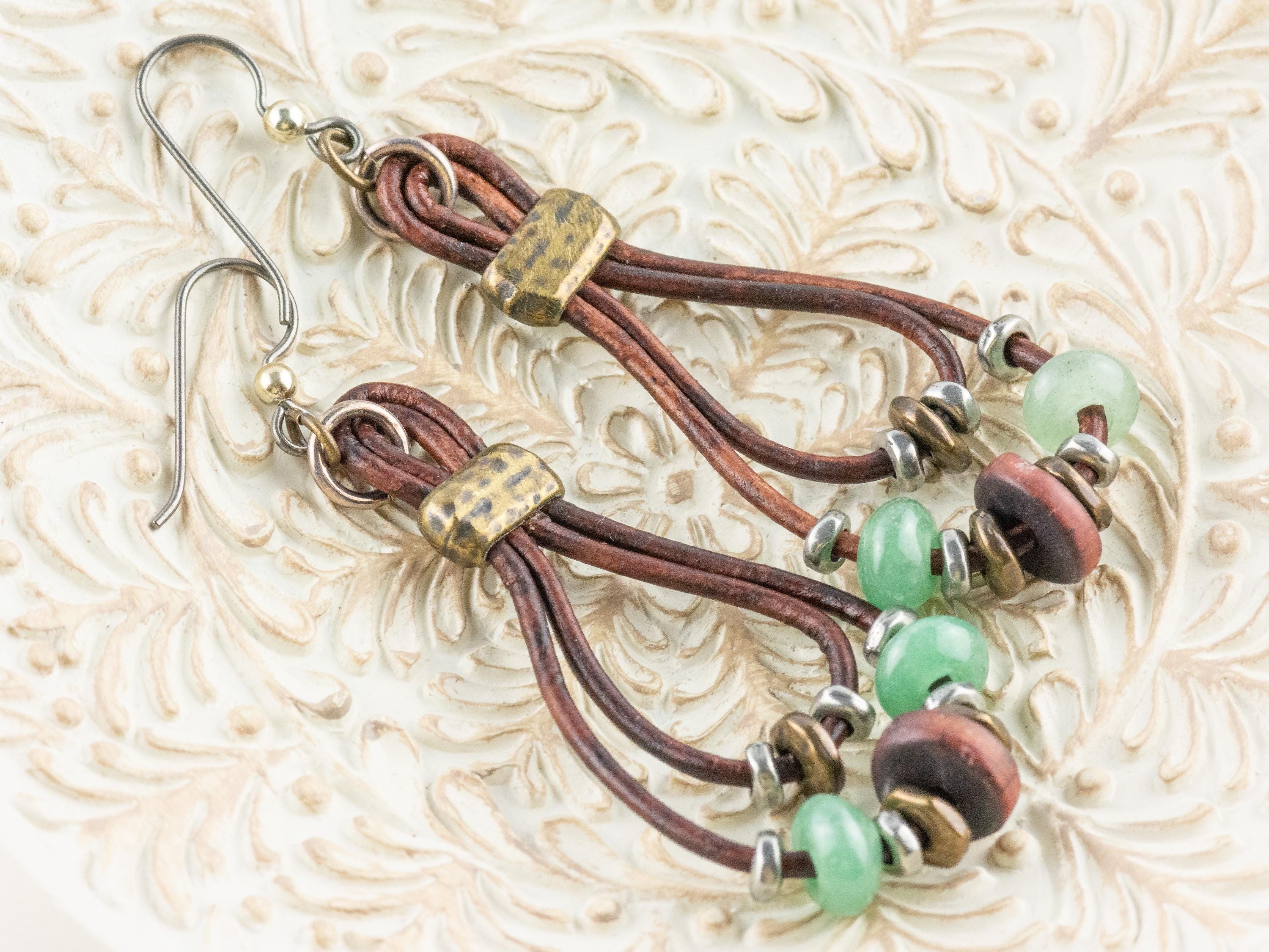 Leather Cord Gemstone Hoop Earrings • Nature-Themed Boho Jewelry • Lead-Free Pewter Earthy Drop Earrings • Unique Earrings • Handmade Gift