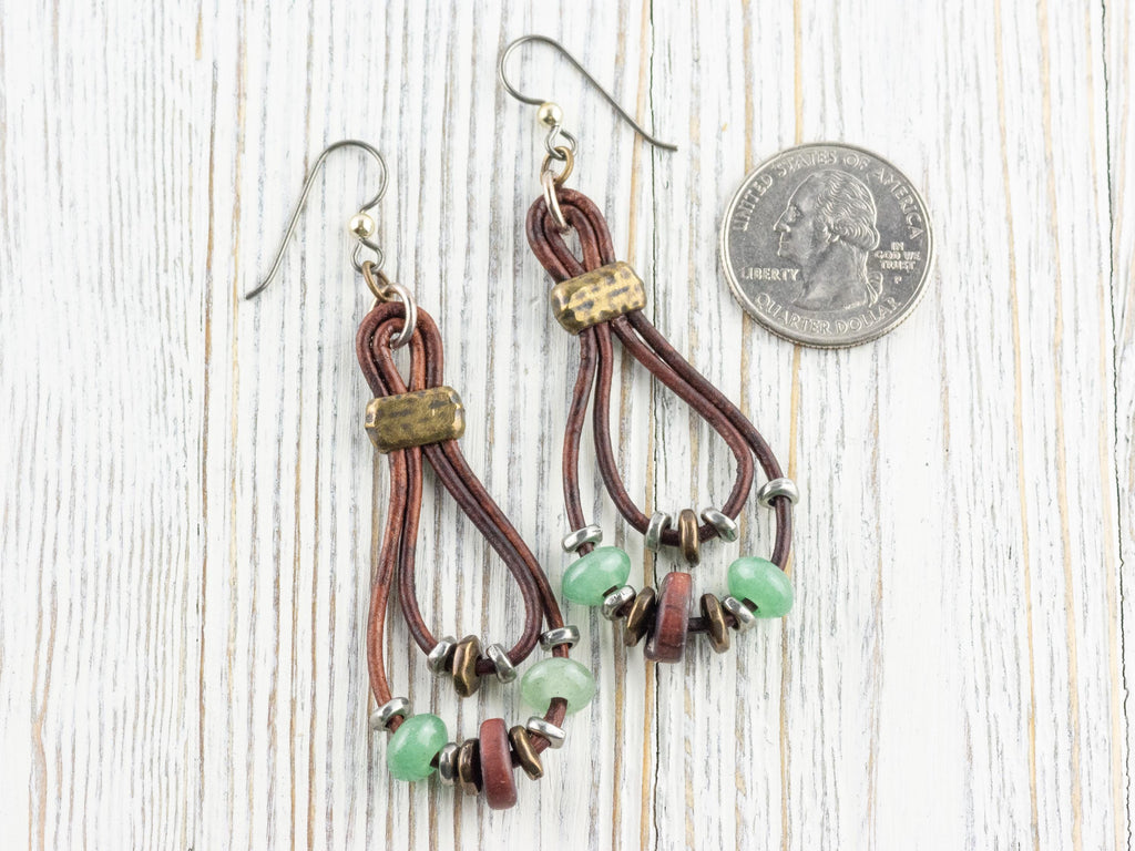 Leather Cord Gemstone Hoop Earrings • Nature-Themed Boho Jewelry • Lead-Free Pewter Earthy Drop Earrings • Unique Earrings • Handmade Gift