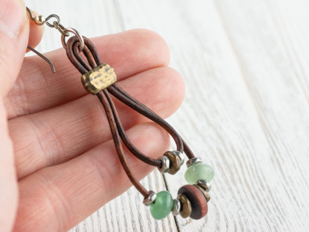 Leather Cord Gemstone Hoop Earrings • Nature-Themed Boho Jewelry • Lead-Free Pewter Earthy Drop Earrings • Unique Earrings • Handmade Gift
