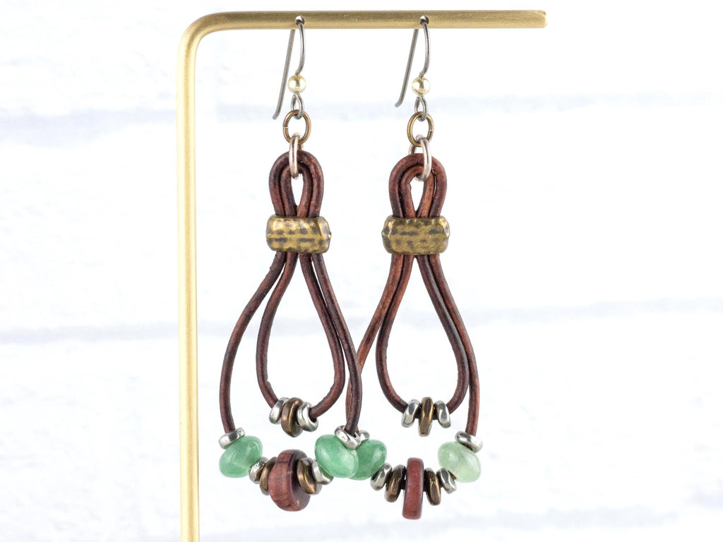 Leather Cord Gemstone Hoop Earrings • Nature-Themed Boho Jewelry • Lead-Free Pewter Earthy Drop Earrings • Unique Earrings • Handmade Gift