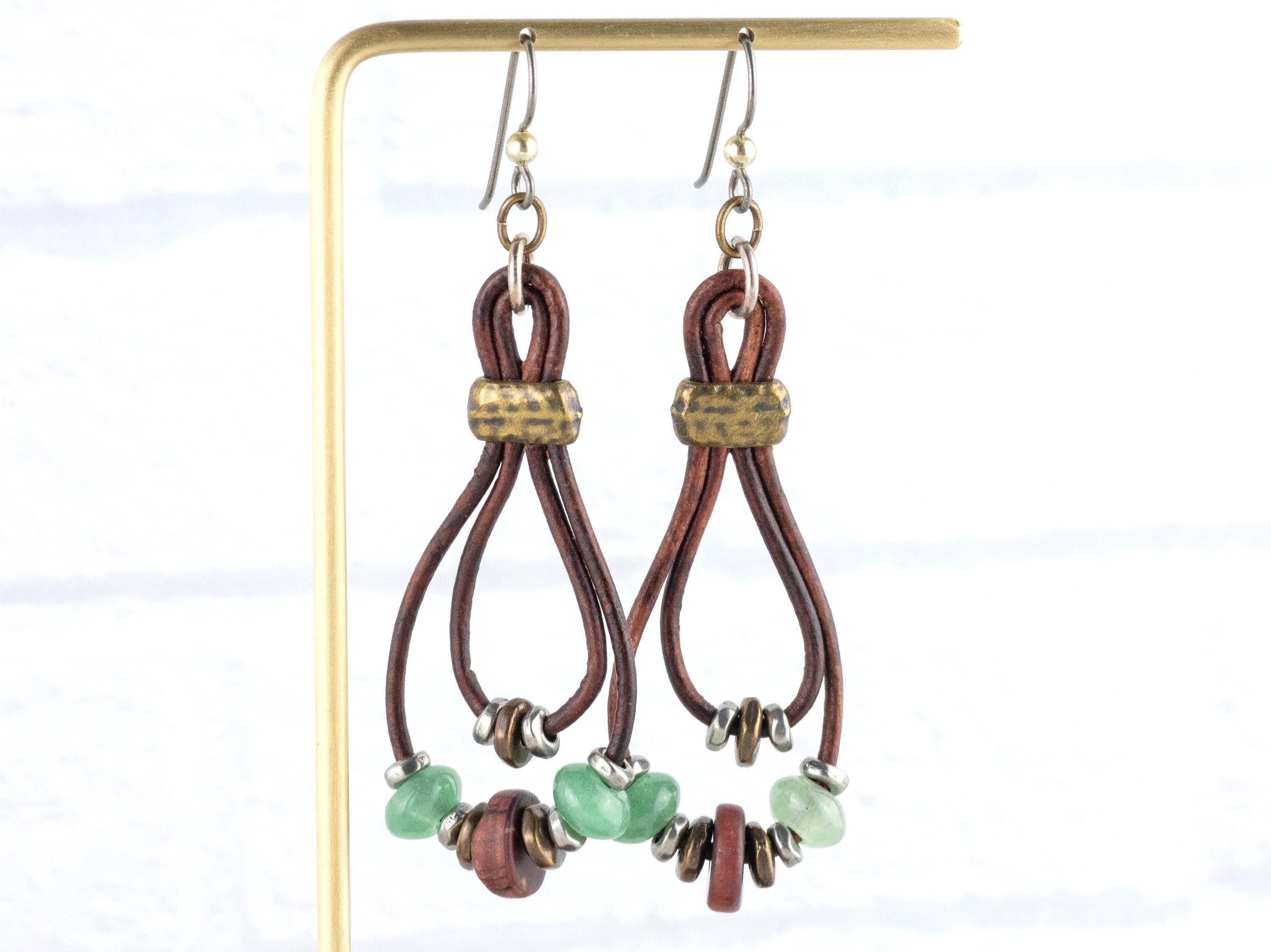 Leather Cord Gemstone Hoop Earrings • Nature-Themed Boho Jewelry • Lead-Free Pewter Earthy Drop Earrings • Unique Earrings • Handmade Gift