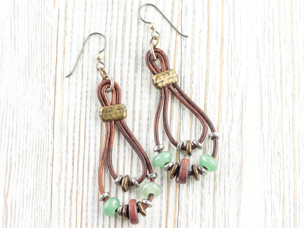 Leather Cord Gemstone Hoop Earrings • Nature-Themed Boho Jewelry • Lead-Free Pewter Earthy Drop Earrings • Unique Earrings • Handmade Gift