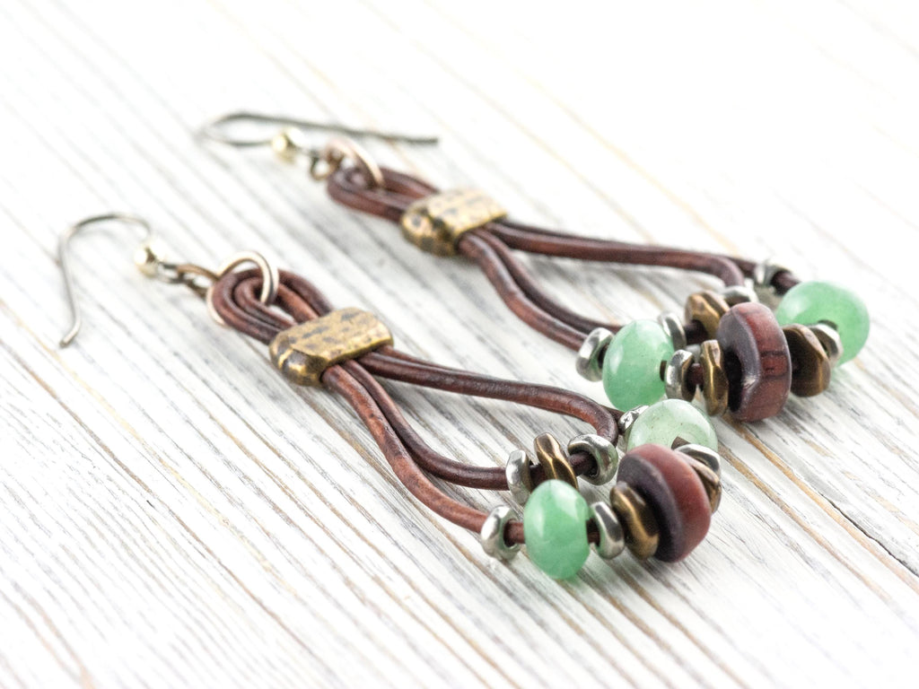 Leather Cord Gemstone Hoop Earrings • Nature-Themed Boho Jewelry • Lead-Free Pewter Earthy Drop Earrings • Unique Earrings • Handmade Gift