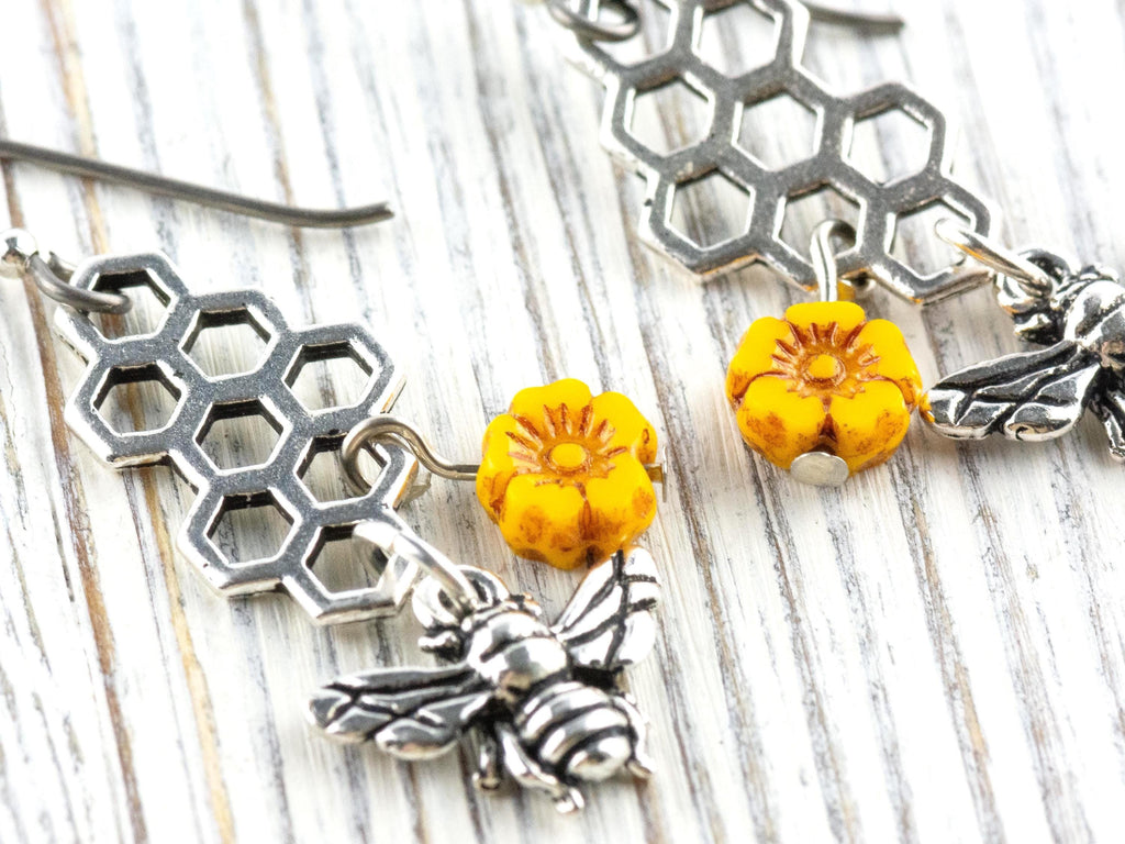 Honeycomb Bee Sunflower Dangle Earrings • Nature-Themed Boho Jewelry • Lead-Free Pewter Earthy Earrings • Unique Earrings • Handmade Gift