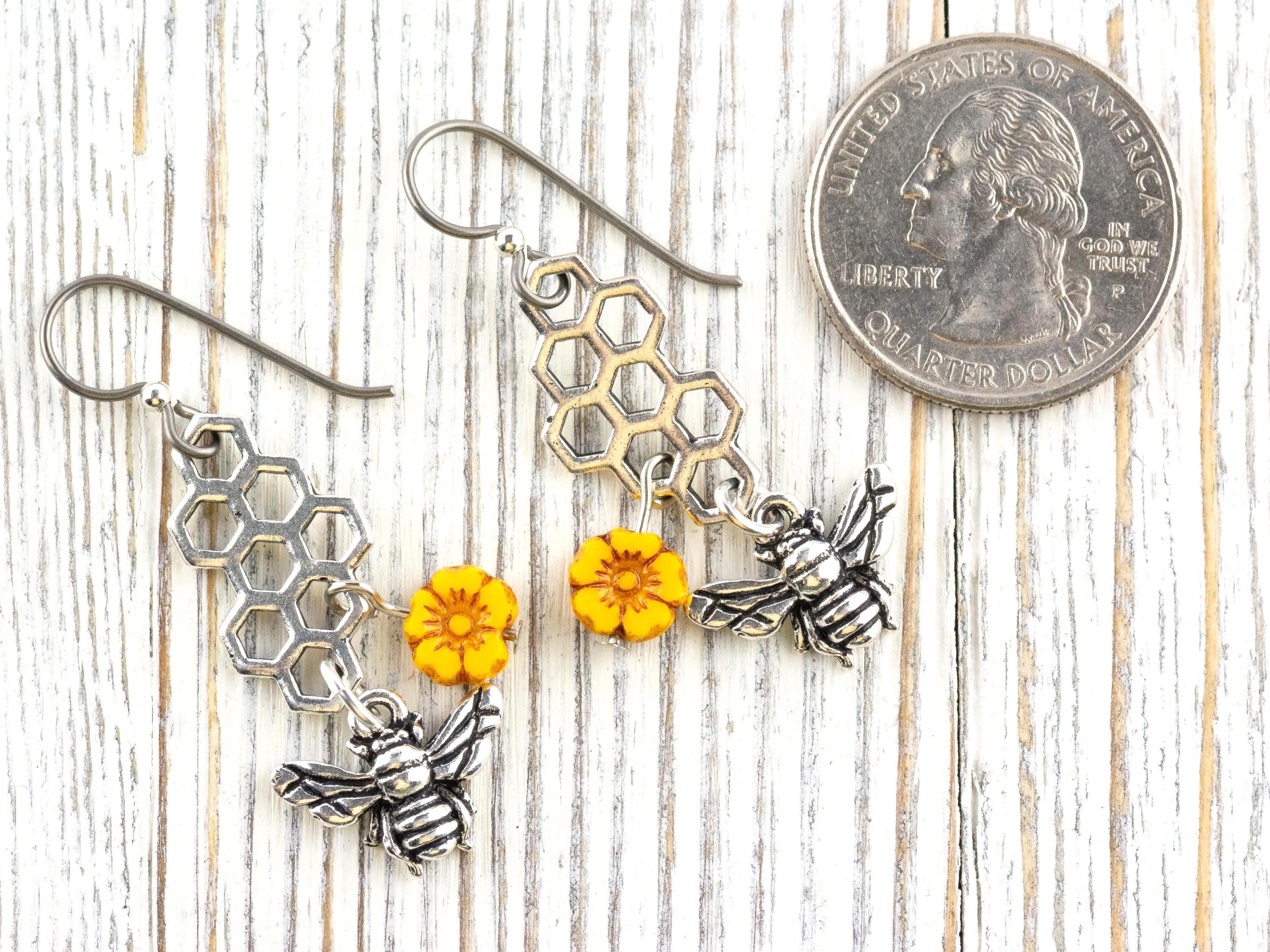 Honeycomb Bee Sunflower Dangle Earrings • Nature-Themed Boho Jewelry • Lead-Free Pewter Earthy Earrings • Unique Earrings • Handmade Gift
