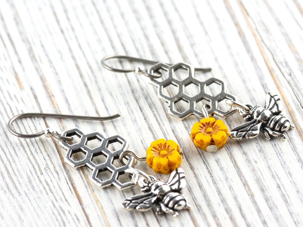 Honeycomb Bee Sunflower Dangle Earrings • Nature-Themed Boho Jewelry • Lead-Free Pewter Earthy Earrings • Unique Earrings • Handmade Gift