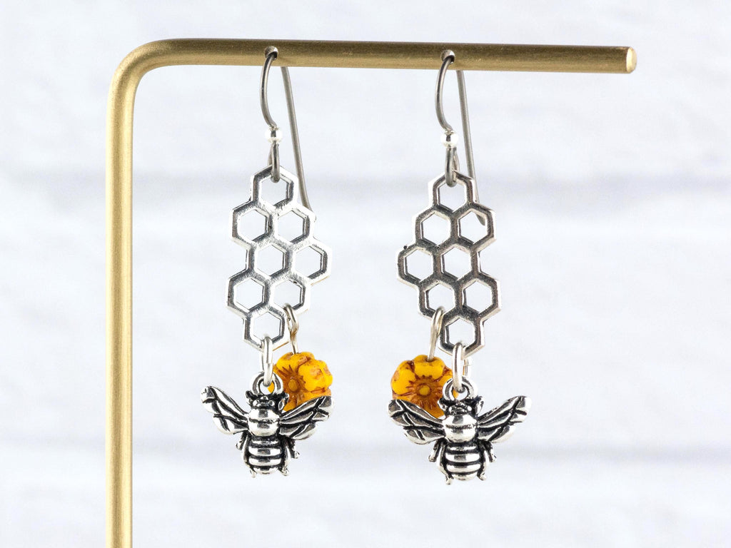 Honeycomb Bee Sunflower Dangle Earrings • Nature-Themed Boho Jewelry • Lead-Free Pewter Earthy Earrings • Unique Earrings • Handmade Gift