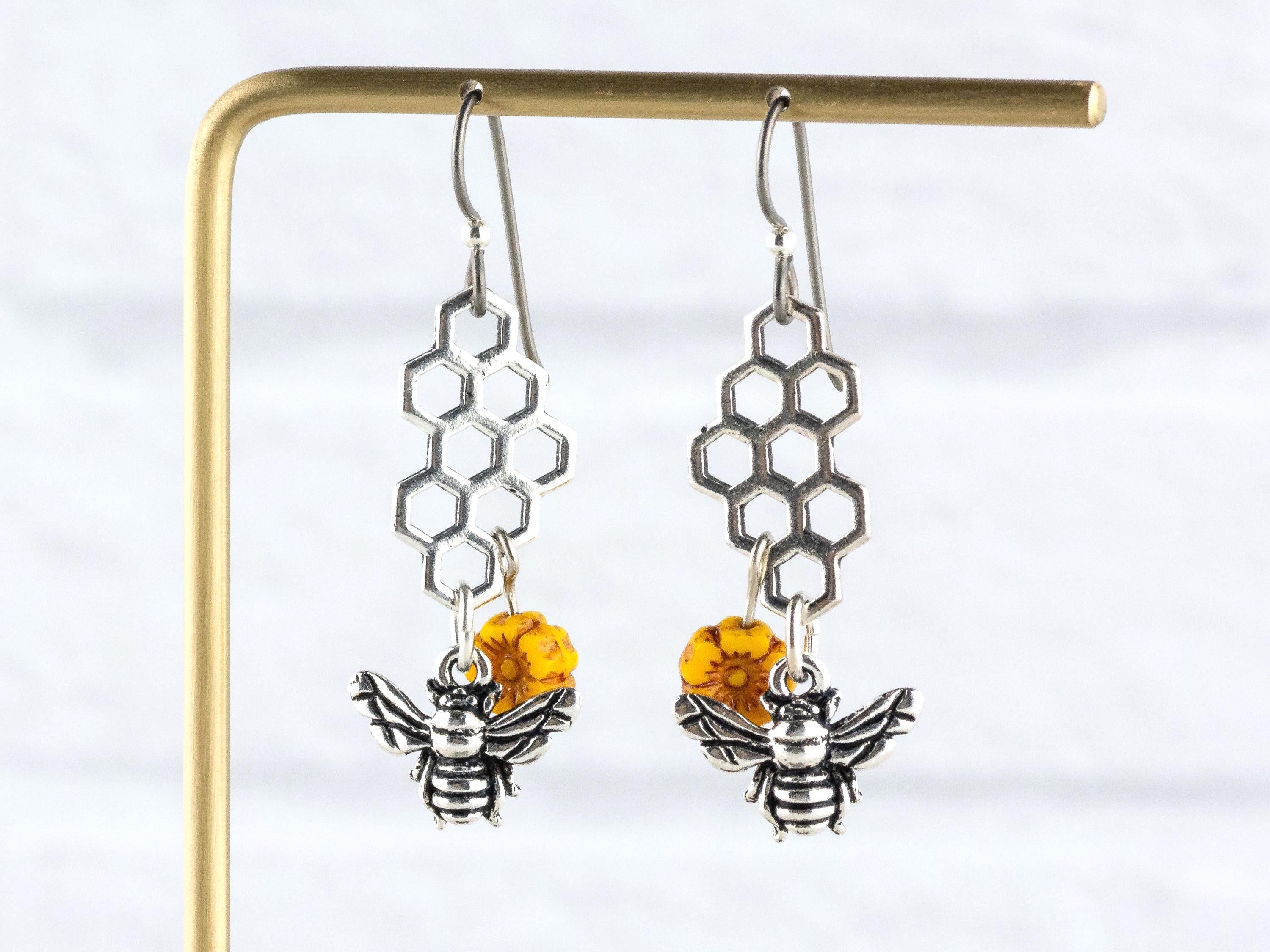 Honeycomb Bee Sunflower Dangle Earrings • Nature-Themed Boho Jewelry • Lead-Free Pewter Earthy Earrings • Unique Earrings • Handmade Gift
