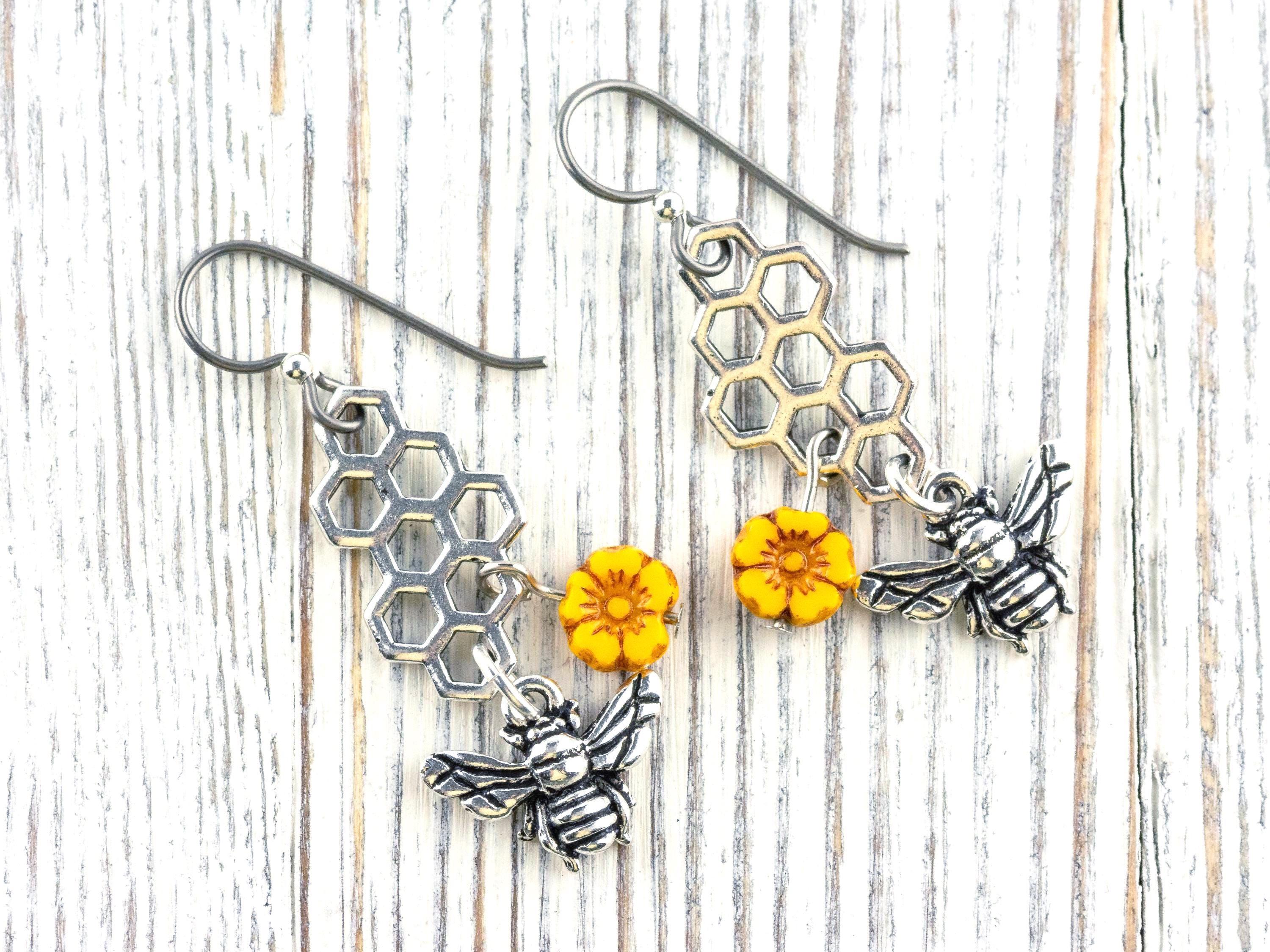 Honeycomb Bee Sunflower Dangle Earrings • Nature-Themed Boho Jewelry • Lead-Free Pewter Earthy Earrings • Unique Earrings • Handmade Gift