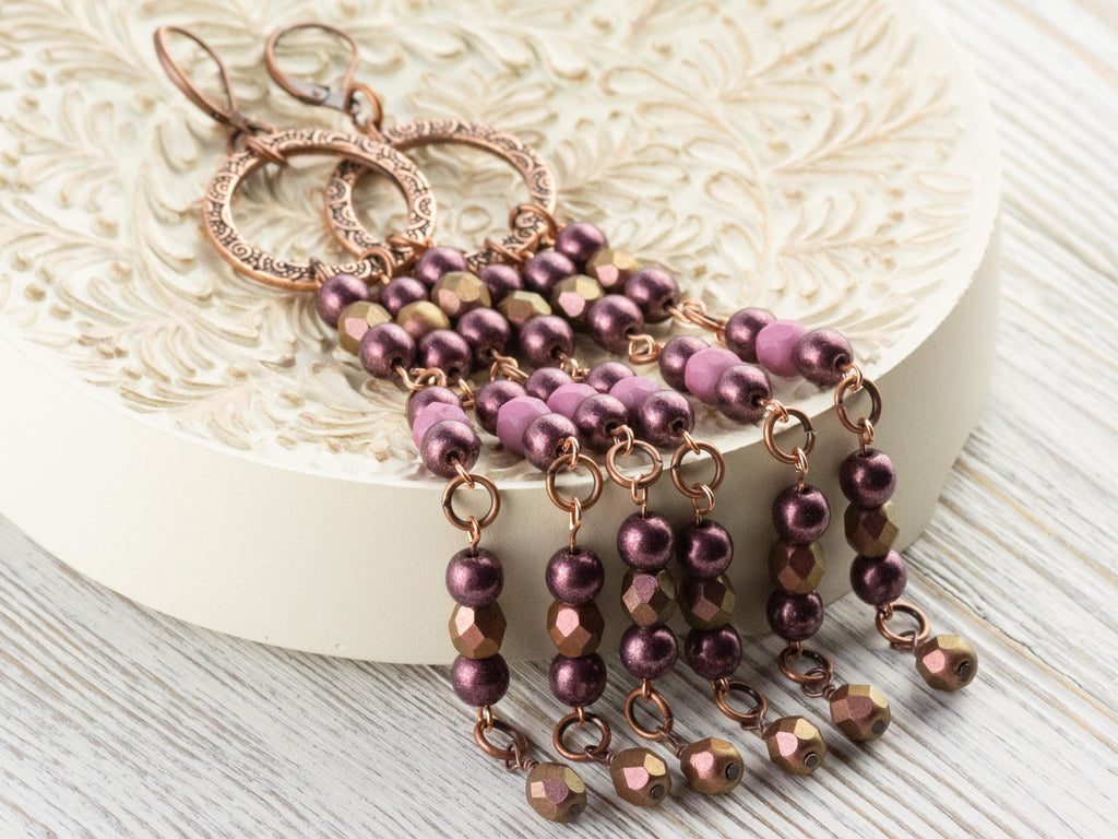 Copper Rose Fringe Drop Earrings • Earthy Boho Jewelry • Handmade Statement Earrings • Jewelry Gift Idea • Unique Dangly Hoop Earrings