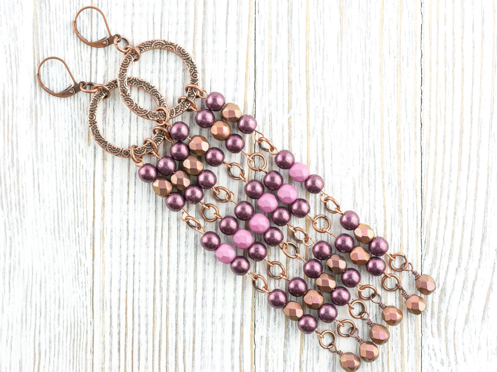 Copper Rose Fringe Drop Earrings • Earthy Boho Jewelry • Handmade Statement Earrings • Jewelry Gift Idea • Unique Dangly Hoop Earrings