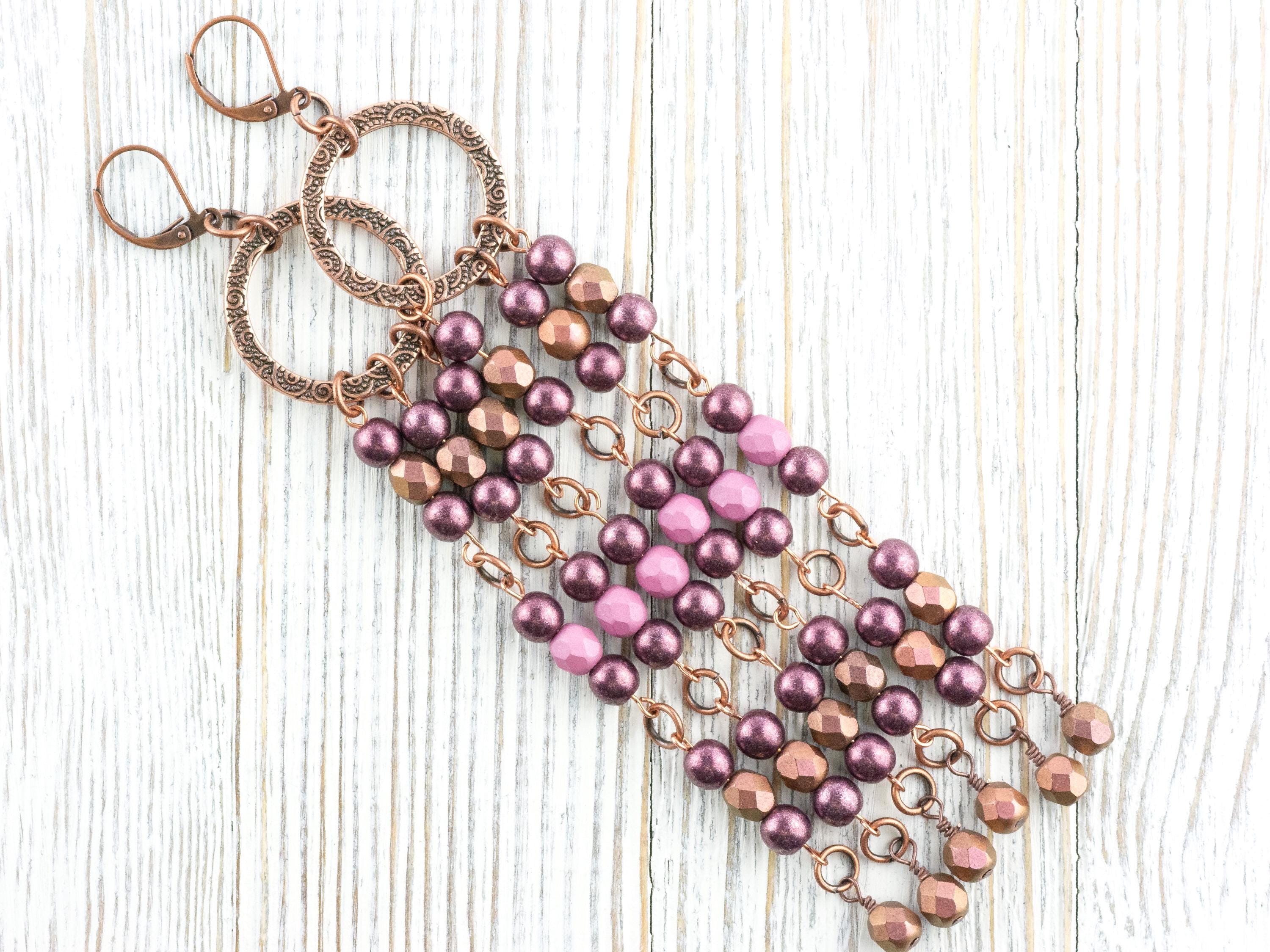 Copper Rose Fringe Drop Earrings • Earthy Boho Jewelry • Handmade Statement Earrings • Jewelry Gift Idea • Unique Dangly Hoop Earrings