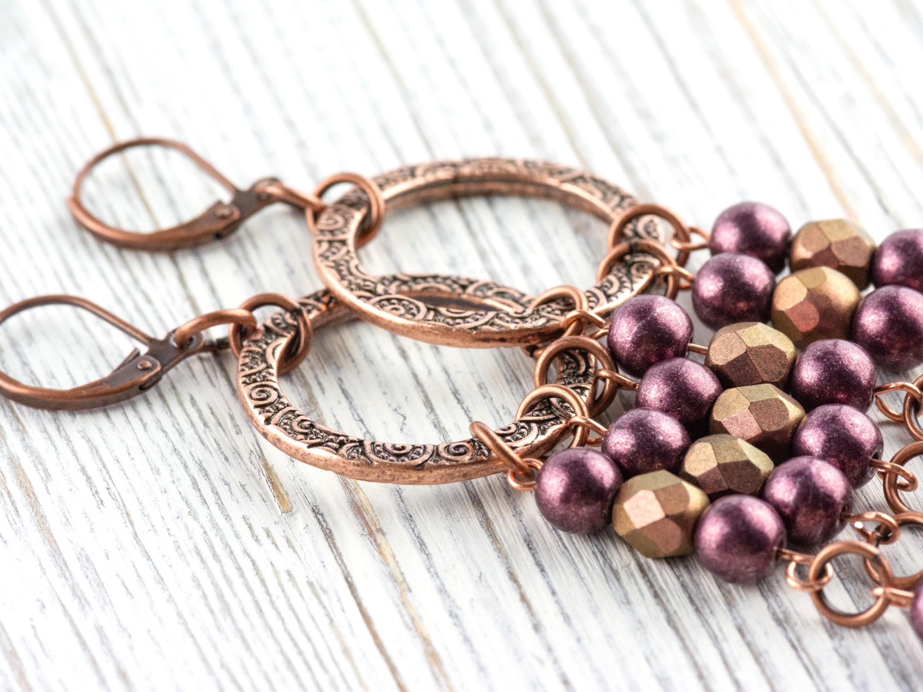 Copper Rose Fringe Drop Earrings • Earthy Boho Jewelry • Handmade Statement Earrings • Jewelry Gift Idea • Unique Dangly Hoop Earrings