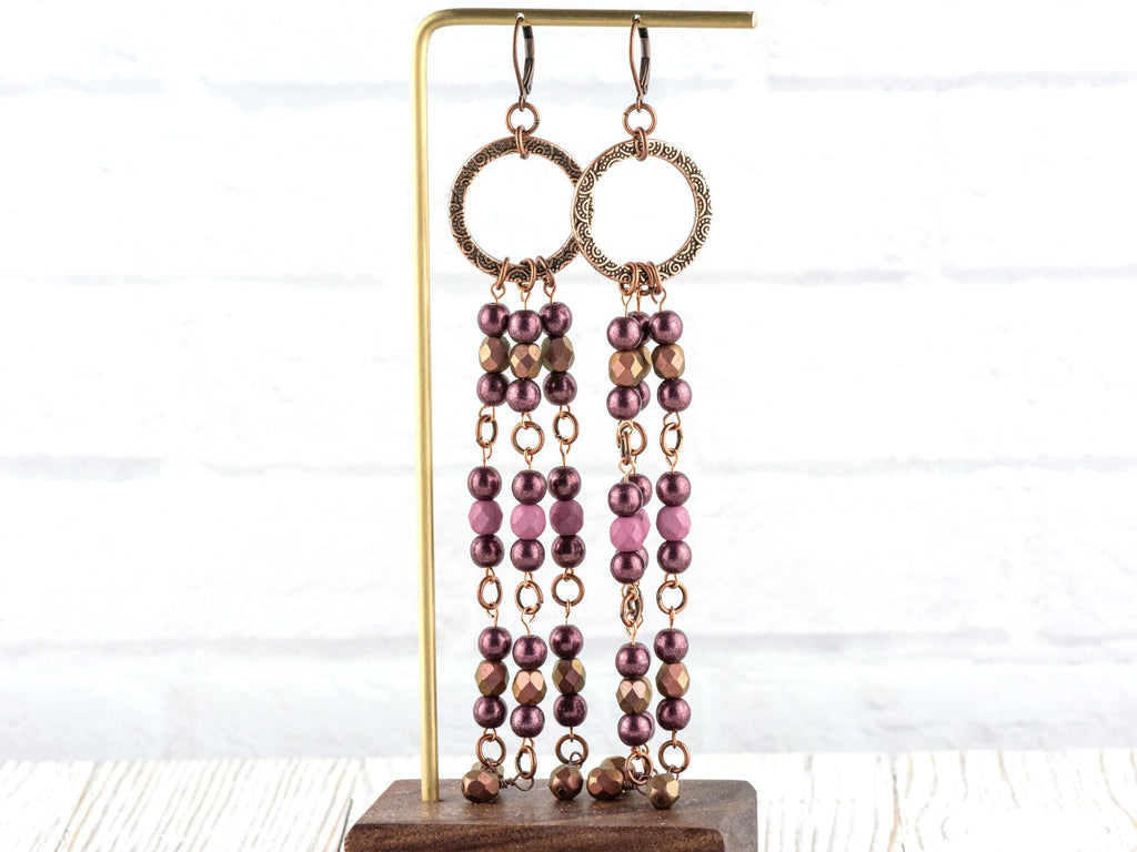 Copper Rose Fringe Drop Earrings • Earthy Boho Jewelry • Handmade Statement Earrings • Jewelry Gift Idea • Unique Dangly Hoop Earrings