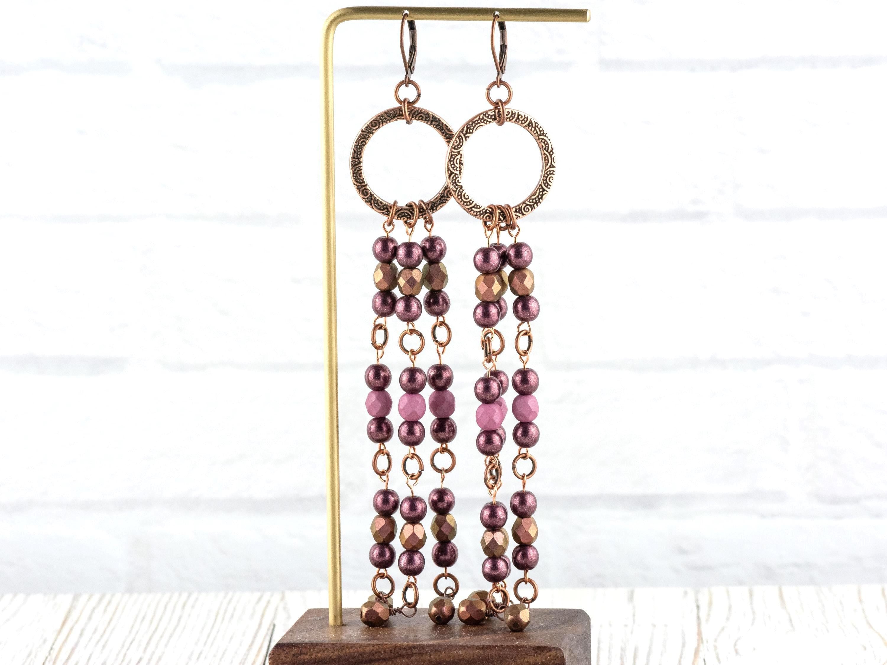 Copper Rose Fringe Drop Earrings • Earthy Boho Jewelry • Handmade Statement Earrings • Jewelry Gift Idea • Unique Dangly Hoop Earrings
